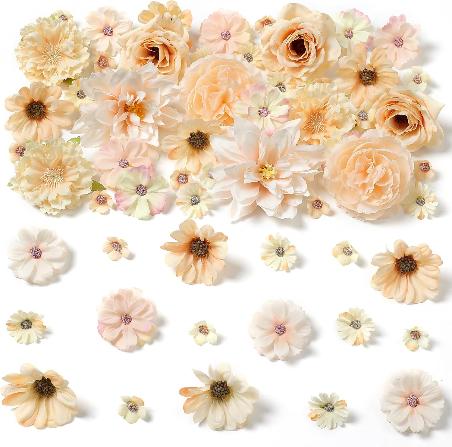 Artificial Flower Heads Combo - Champagne Silk Dahlia & Roses Fake Flowers for Wedding, Party, Graduation Cap DIY, Cake Decoration, Table Centerpieces, Home Decor