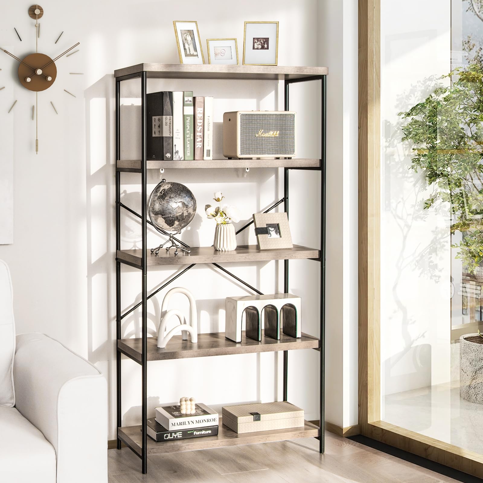 HOMASIS Librería con 5 niveles, estantería independiente con estructura metálica, cada estante puede soportar hasta 20 kg, para salón, dormitorio, estudio, 79 x 35 x 160 cm, diseño industrial (Gris)