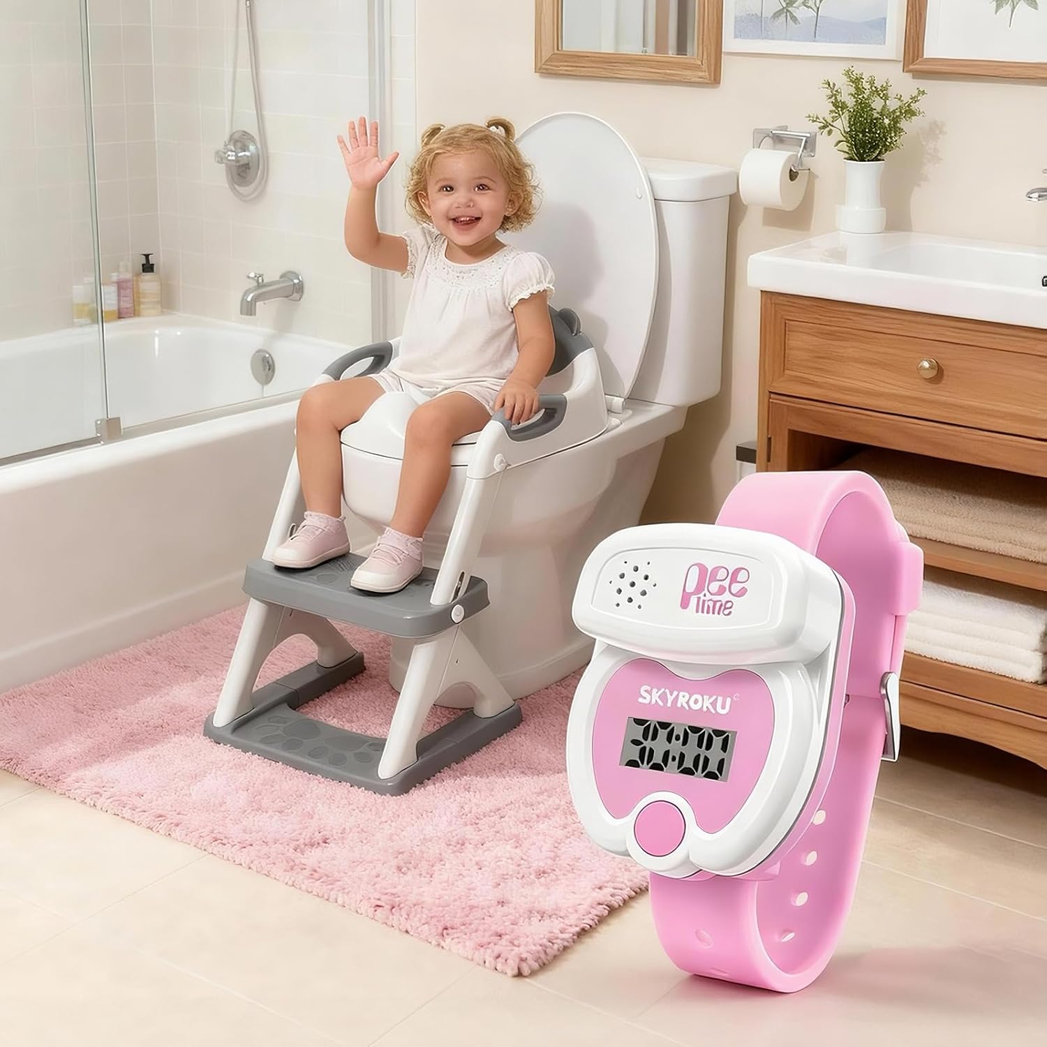 All-in-One Potty Success Kit: Adjustable Training Seat + Potty Training Watch + Step Stool | Complete Independent Bathroom System for Kids