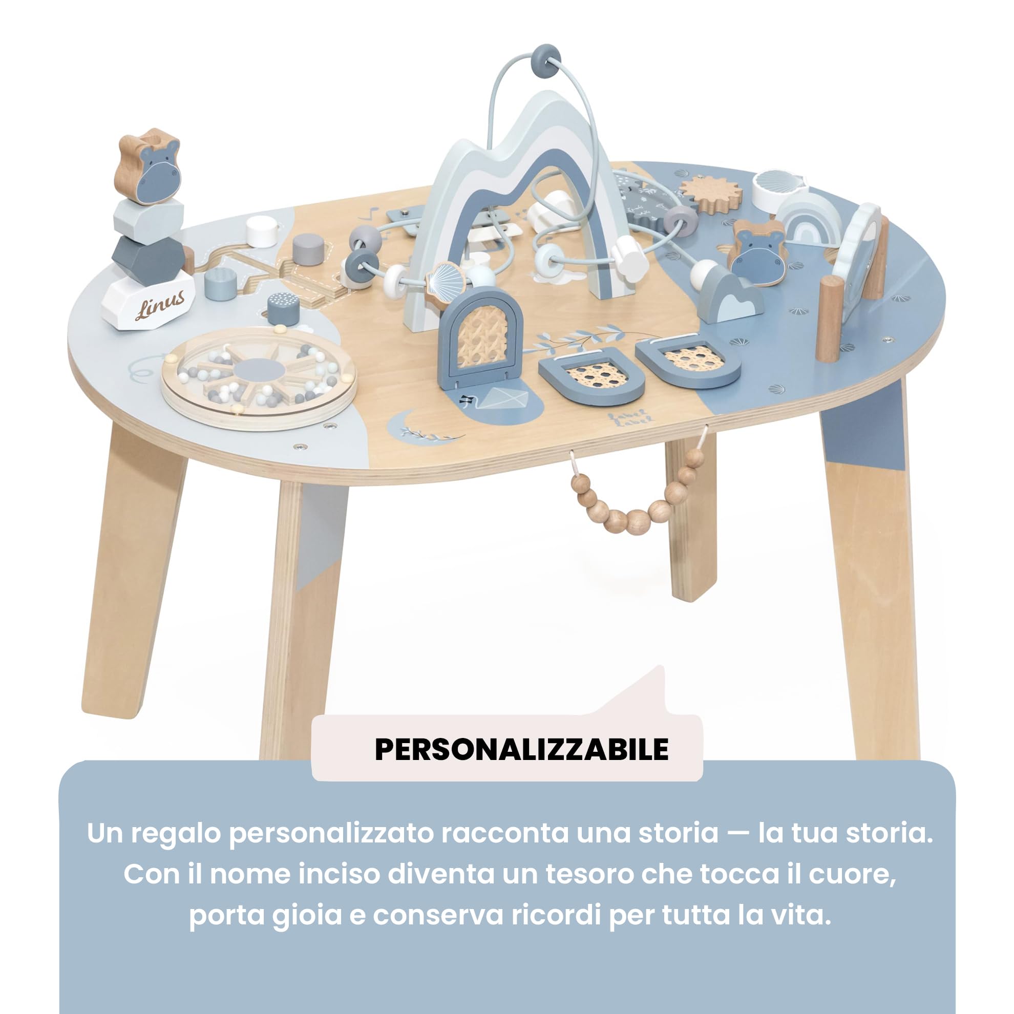 Label Label Personalizzato Tavolo attività in Legno Blu – stimola la motricità fine & Gioco sensoriale per Bambini dai 24 Mesi