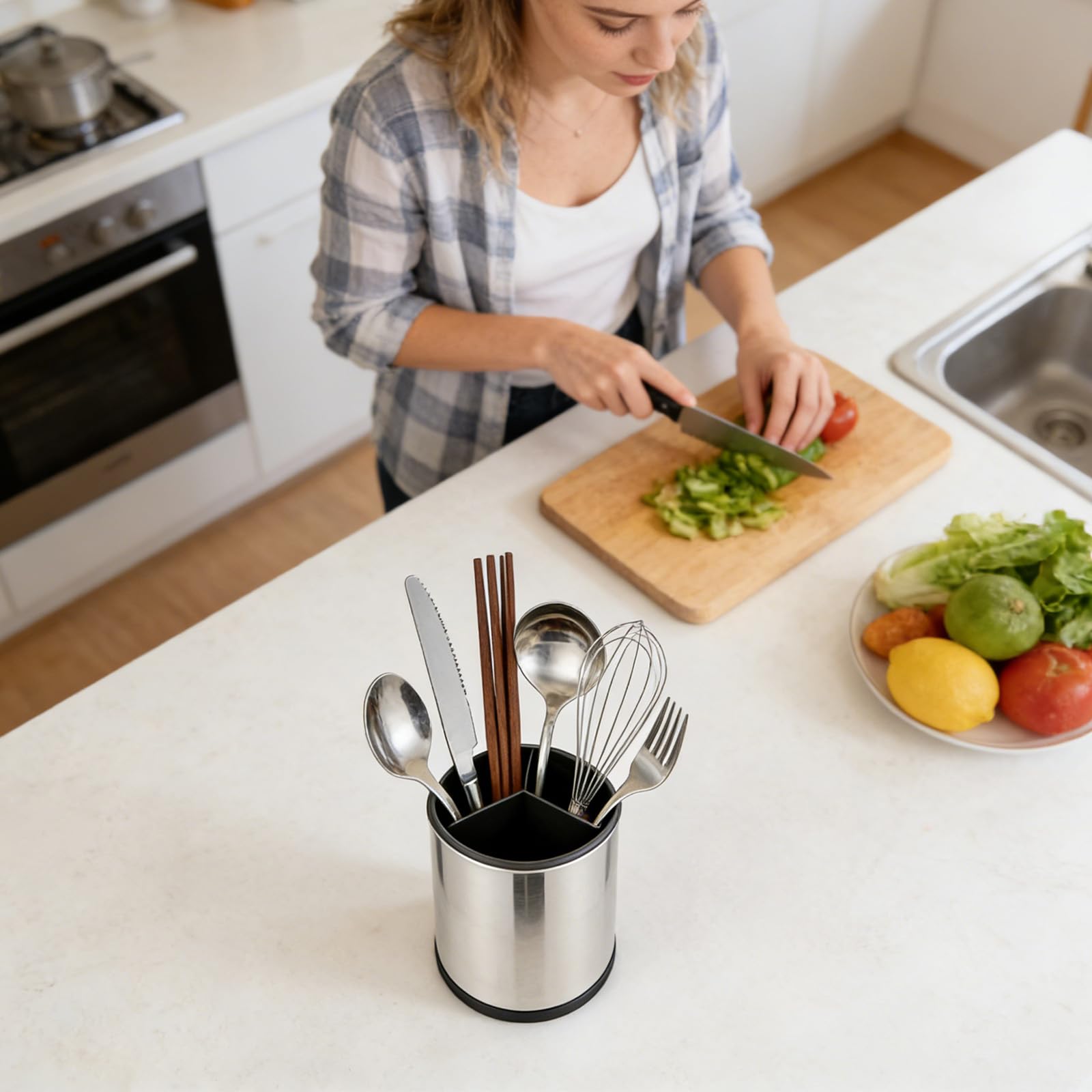 Küchenutensilienhalter: 360° Drehbar Utensilienhalter Küche aus Edelstahl, Küchen Utensilien Organizer mit Ablaufboden, Behälter Für Arbeitsplatte, 12.5×17cm