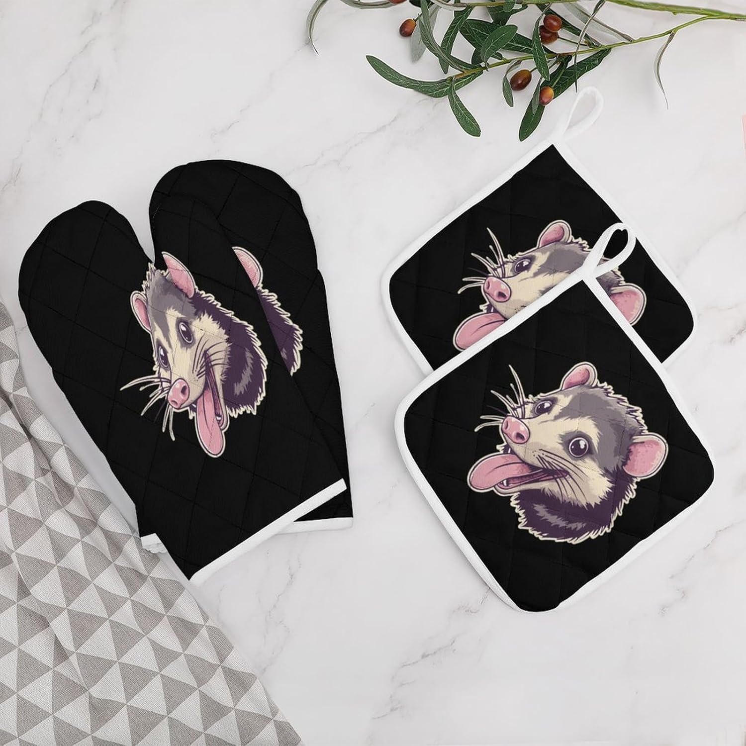 Cute Opossum with Tongue Out Oven Mitts and Pot Holders 4Pcs Set Heat Resistant Cooking Mitts Hot Pads