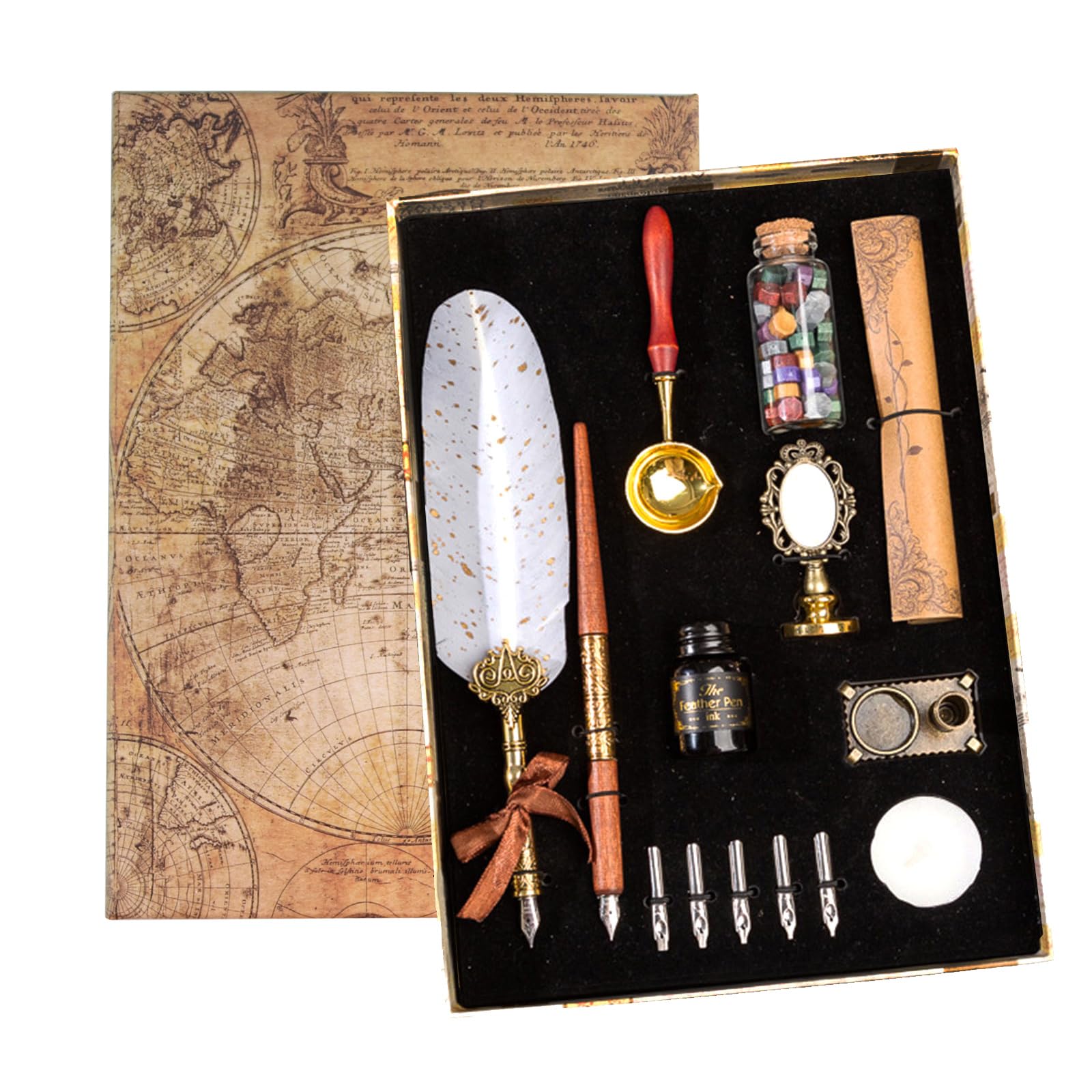 Set Calligrafia Vintage Con 3 Penne A Immersione In Vetro, Legno E Piume, 18 Pennini, Kit Sigillo In Cera E Inchiostri