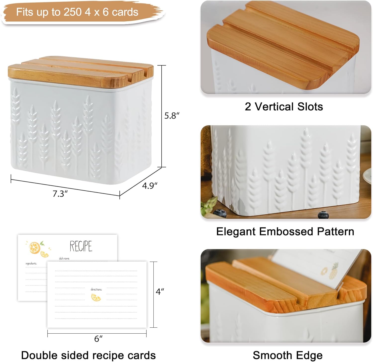 Recipe Box with Cards and Dividers Set 4x6 Recipe Holder for Kitchen Counter Metal White Ear of Wheat Pattern Embossed Recipe Card Box with Wooden Grooved Lid