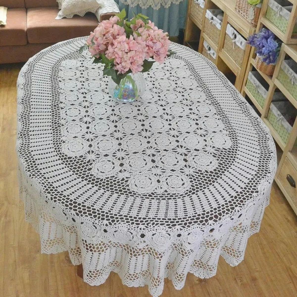 Tovaglia ovale fatta a mano all'uncinetto, in pizzo di cotone bianco, extra lunga, 110 x 160 cm, perfetta per sala da pranzo, elegante decorazione per la casa ed elegante