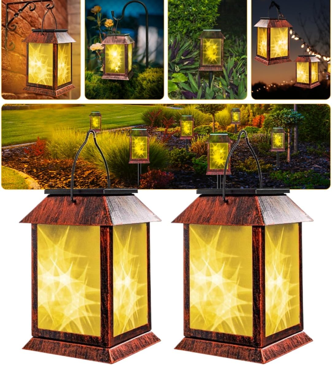 Solar Lanterns Outdoor Waterproof Upgraded Flashing Mode Solar Lantern Outdoor Lights Vintage Medieval Decor 3D Starry Hanging Outdoor Lanterns Lights Stake Lights for Yard Garden Decor(2PCS)