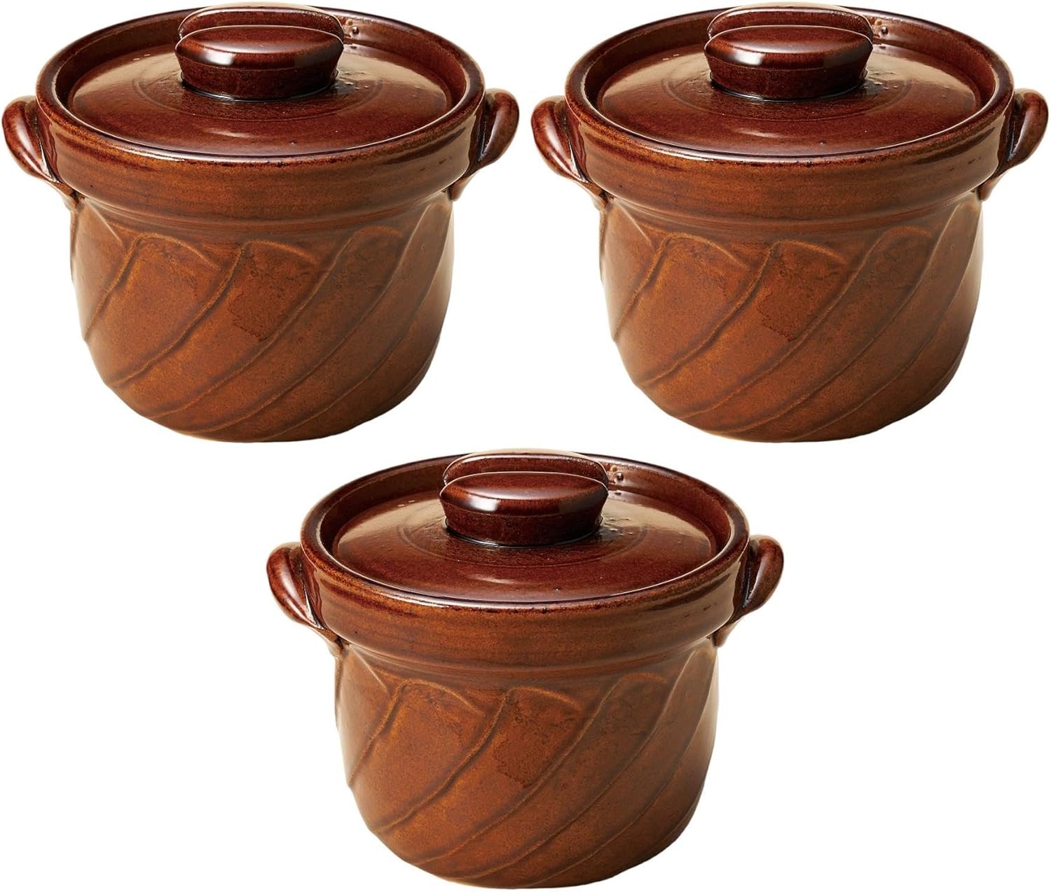 Set of 3, American Glazed Twist Rice Pot 2 Cooked (Banko-yaki), 8.1 x 6.7 x 5.9 inches (20.5 x 17 x 15 cm), 4.9 inches (12.5 cm), Open Fire | Rice Pot