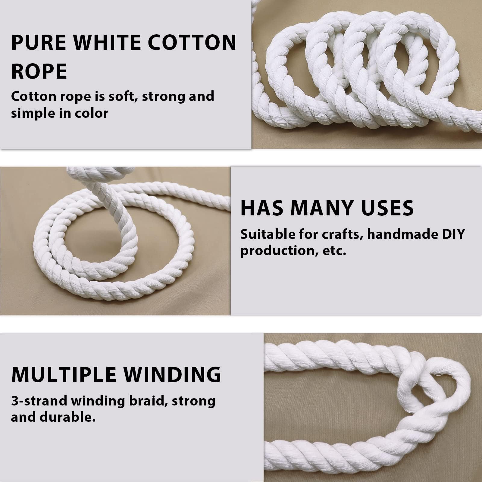 Cuerda de algodón blanco (1 pulgada x 50 pies), cuerda gruesa y fuerte natural para manualidades, deportes, tira y afloja, hamaca, cuerda trenzada para decoración del hogar