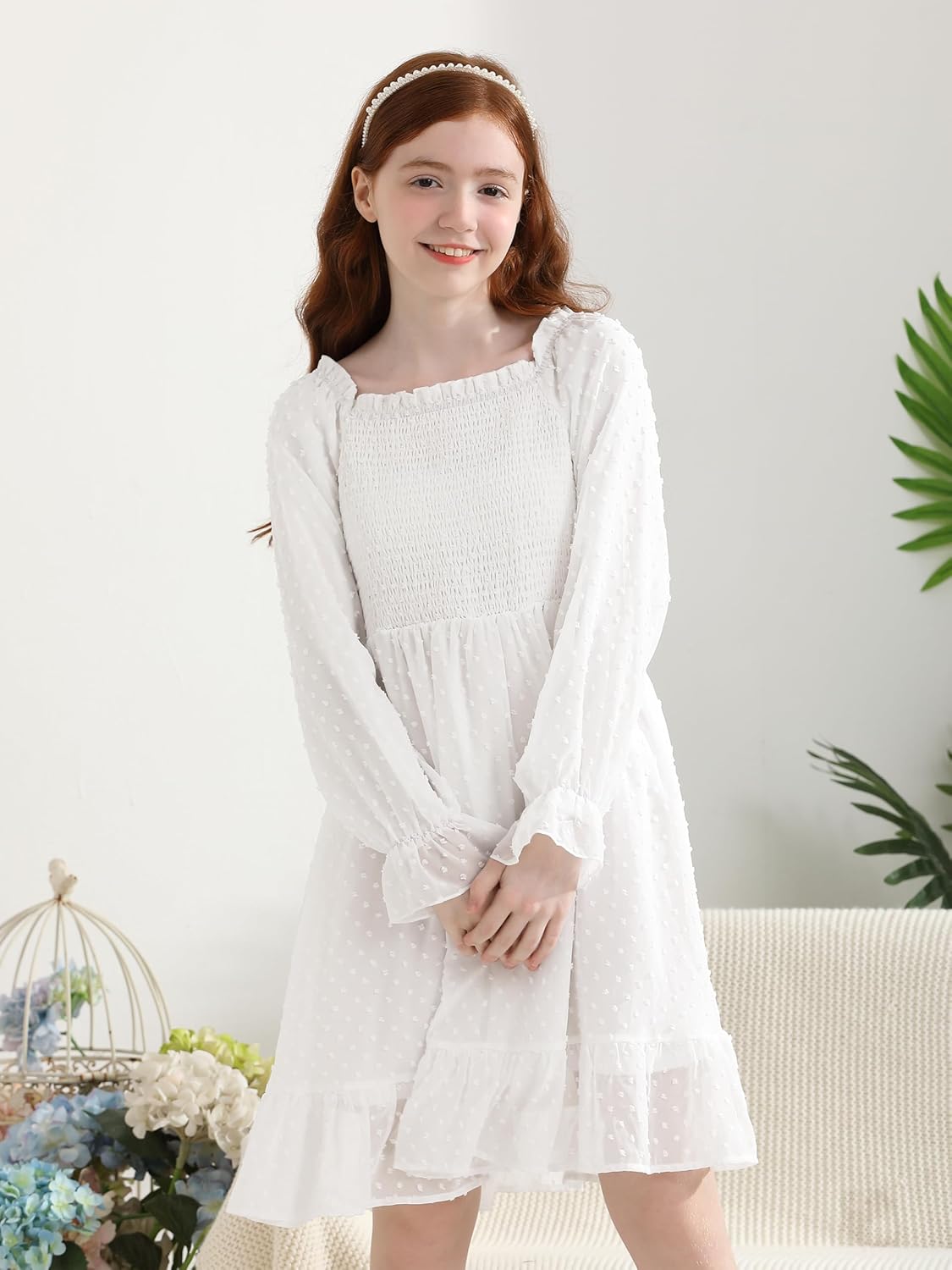 Cubear Girls Long Sleeve Dress Kids Ruffle Tiered Dress Swiss Dot A-Line Christmas Fall Winter Dress 6-15 Years - Image 3