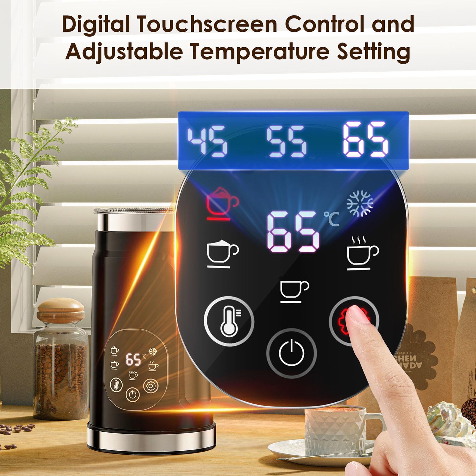 Elektryczny automatyczny podgrzewacz do mleka o pojemności 300 ml, cyfrowe sterowanie ekranem dotykowym, regulowana temperatura do cappuccino, latte, gorącej czekolady