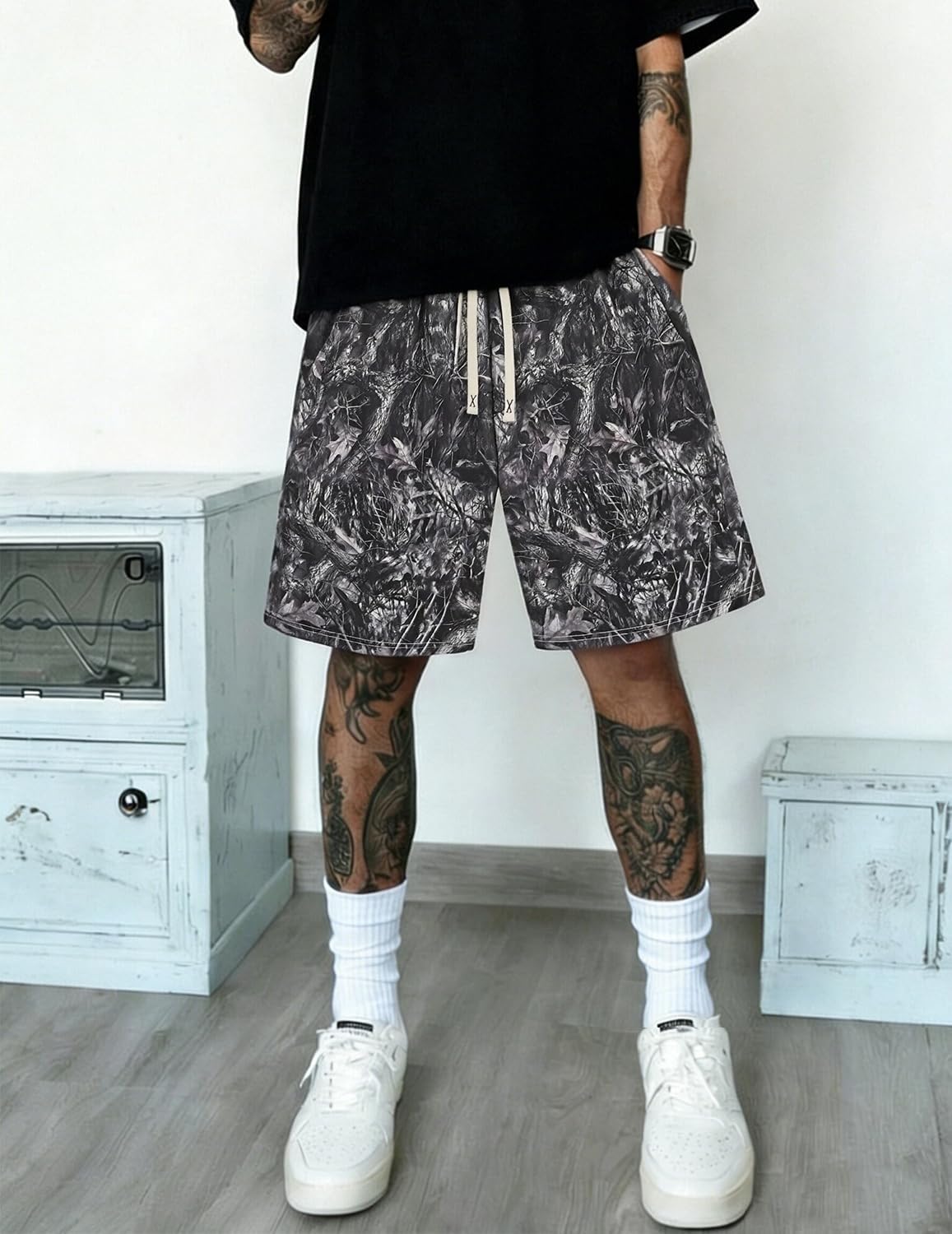 UOUA Men's Mesh Camo Graphic Workout Casual Shorts