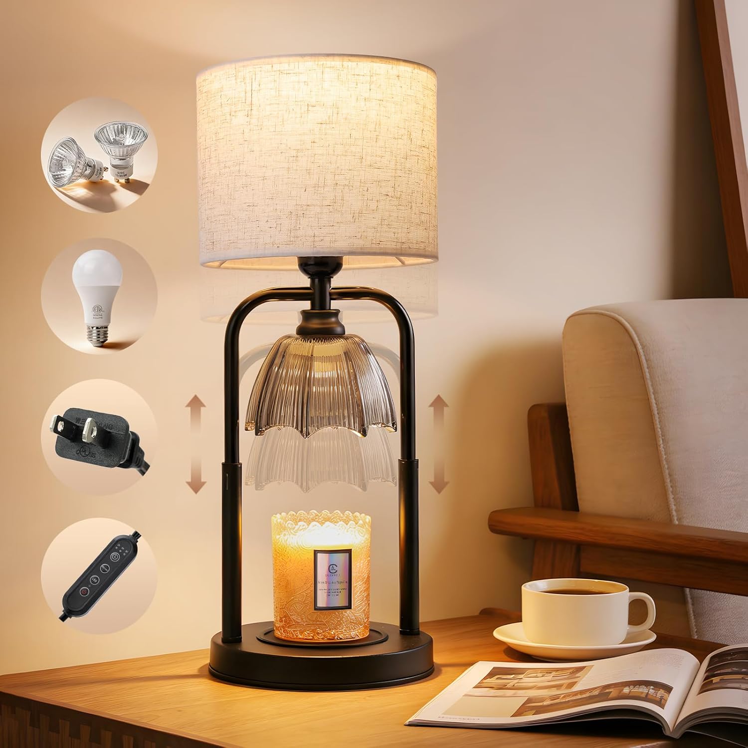 Safe Candle Warmer Lamp for Kids/Pets Flameless Electric Wax Melt Warmer Lamp for Large 3 Wicks Jar Candles with Long Lasting Lifespan Instant Fragrance Release Timer Dimmer Height Adjustable -Black