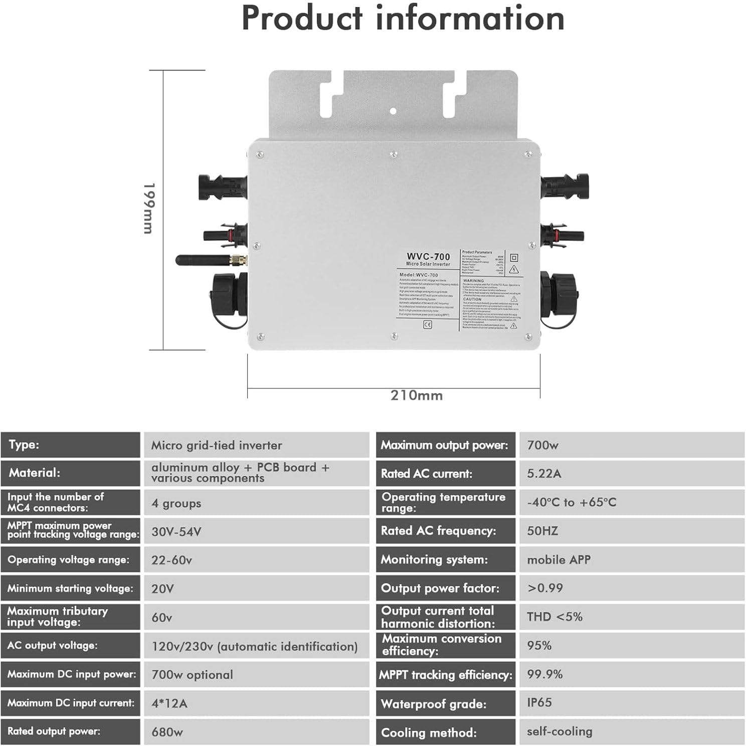 Micro Inverter Solare, Inverter Solari (Collegati Alla Rete) Moduli Fotovoltaici, Inverter Solare MPPT Collegato Alla Rete Tensione Di Ingresso 85-280V CA Inverter Collegato Alla Rete IP65,WVC-700W