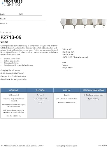 Vista 15 de Progress Lighting P2713 Luz para tocador de baño de 5 lámparas con vidrio grabado S, P2713-09, 100.00watts, 120.00 volts cepillado níquel