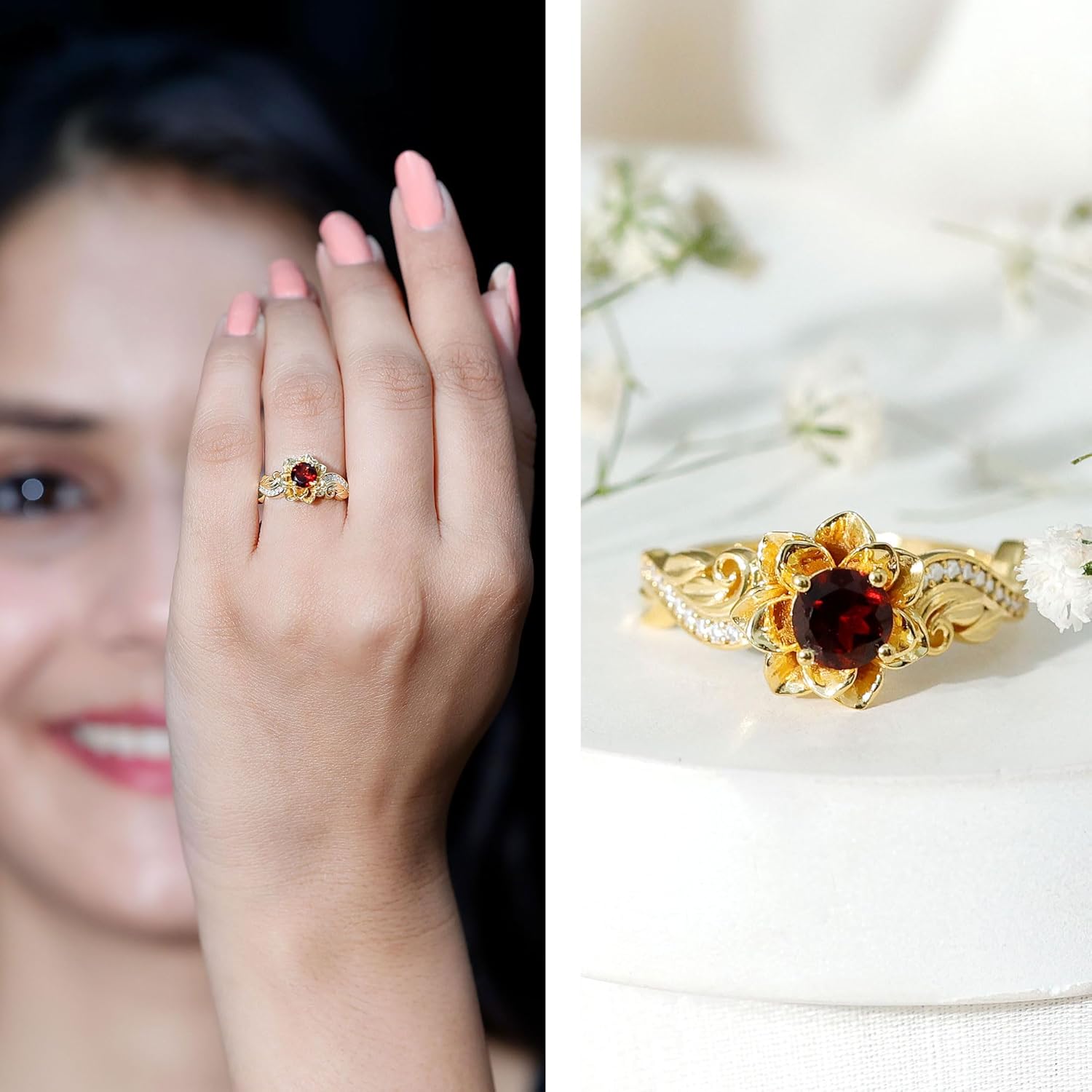 Genuine Garnet Rose Flower Engagement Ring in Yellow Gold Plated Silver, Aaa Quality - Unique Gift For Women - Image 2