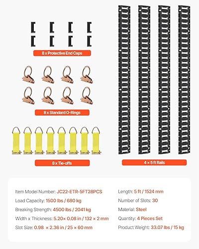 Miniatura 7 de VEVOR Kit de rieles de amarre E Track, 30 pistas electrónicas de 5 pies, incluye 4 rieles de acero y 2 ranuras individuales, 8 juntas tóricas y 8