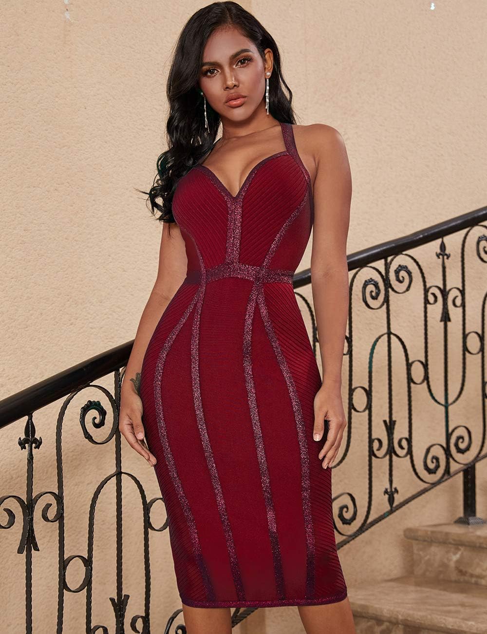 whoinshop Women's Bandage Halter V Neck Midi Cocktial Bodycon Club Party Dress - Image 3