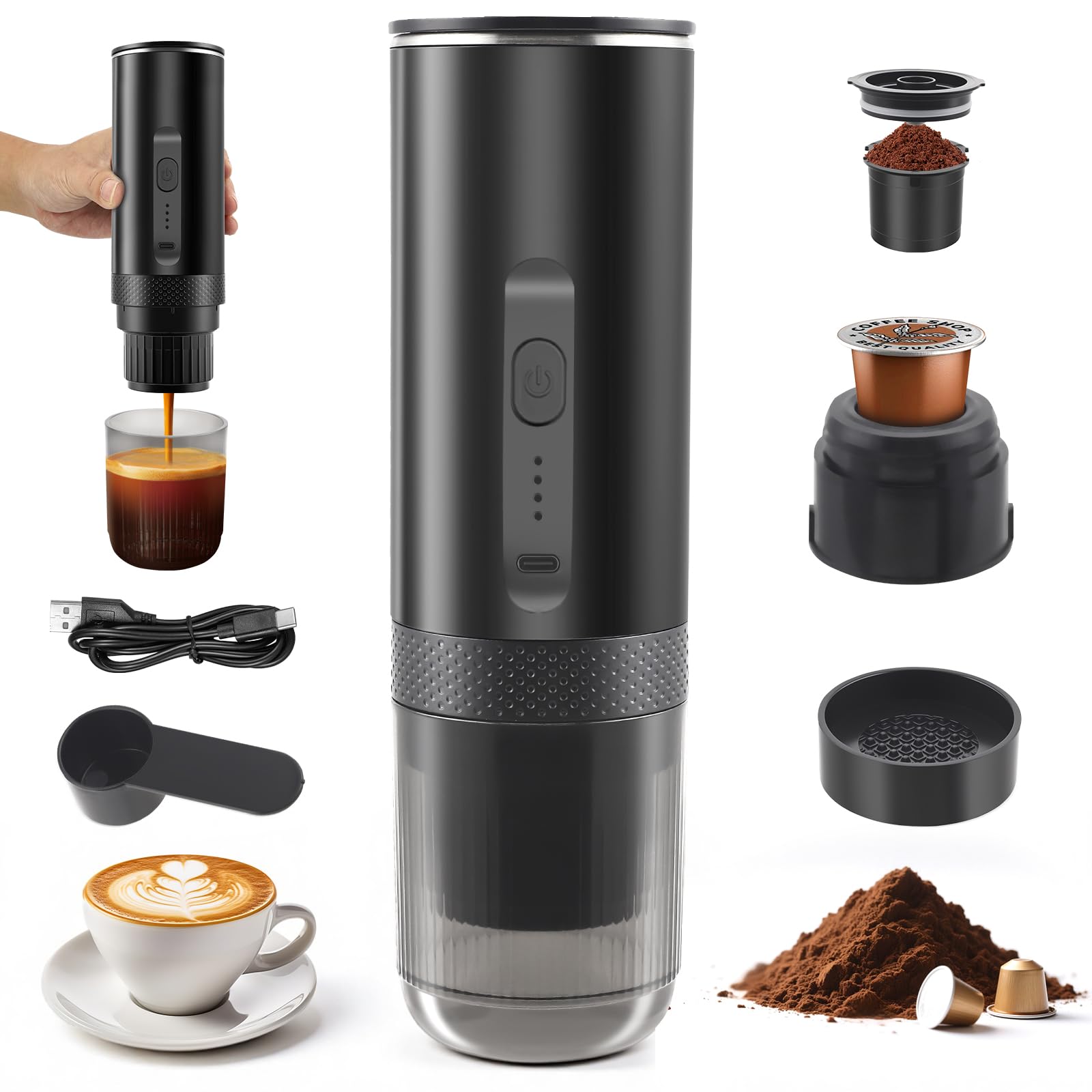 3 En 1 Tragbare Kaffeemaschine Kapseln, Mini Espressomaschine Klein mit 20BAR Pumpdruck, Reise Kaffeemaschine Klein mit Akku, Camping Geschenke für Home, Auto & Outdoor