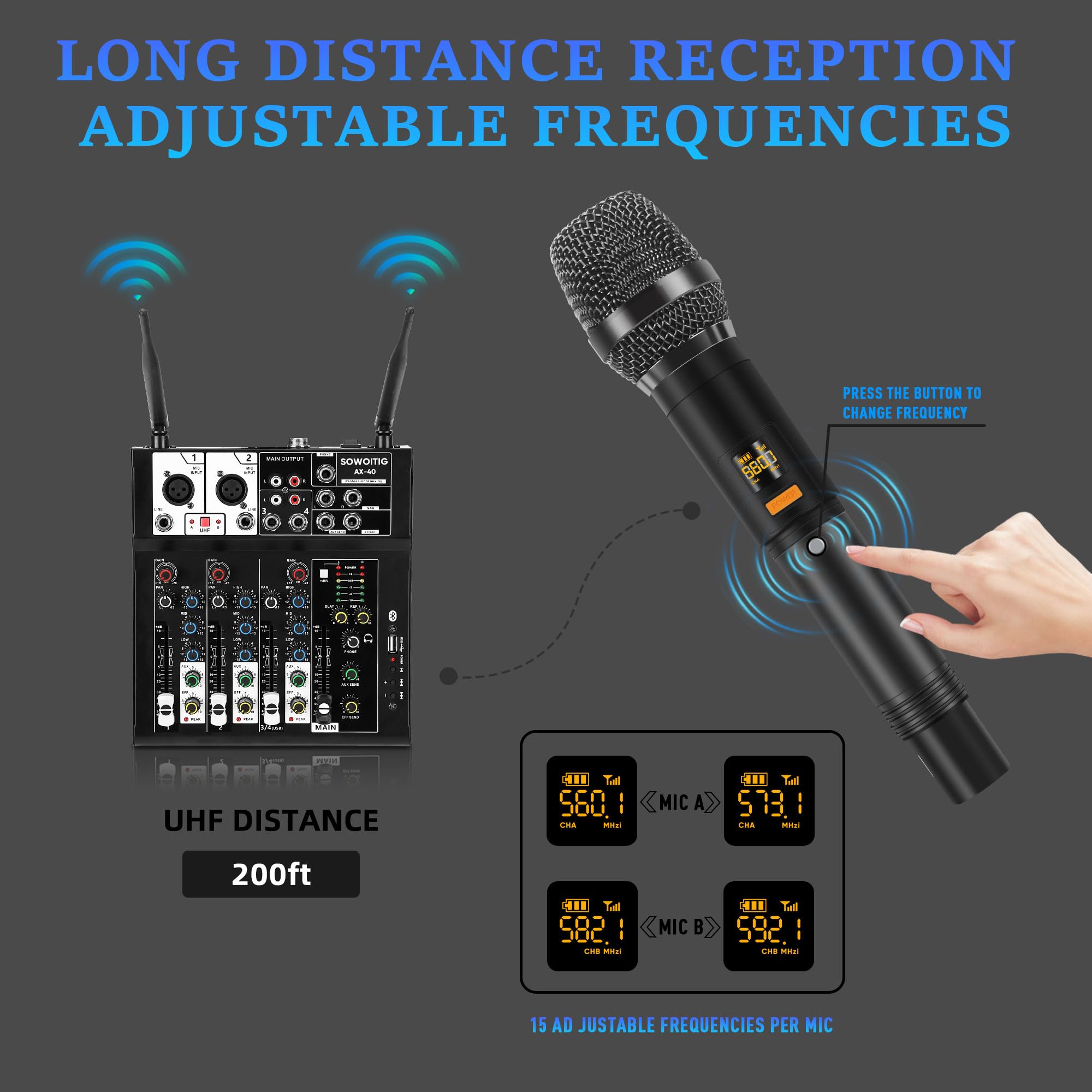 Table de mixage karaoké avec 2 microphones sans fil, table de mixage audio 4 canaux DJ, console de son, microphone sans fil, avec Bluetooth, port USB, alimentation fantôme 48 V pour