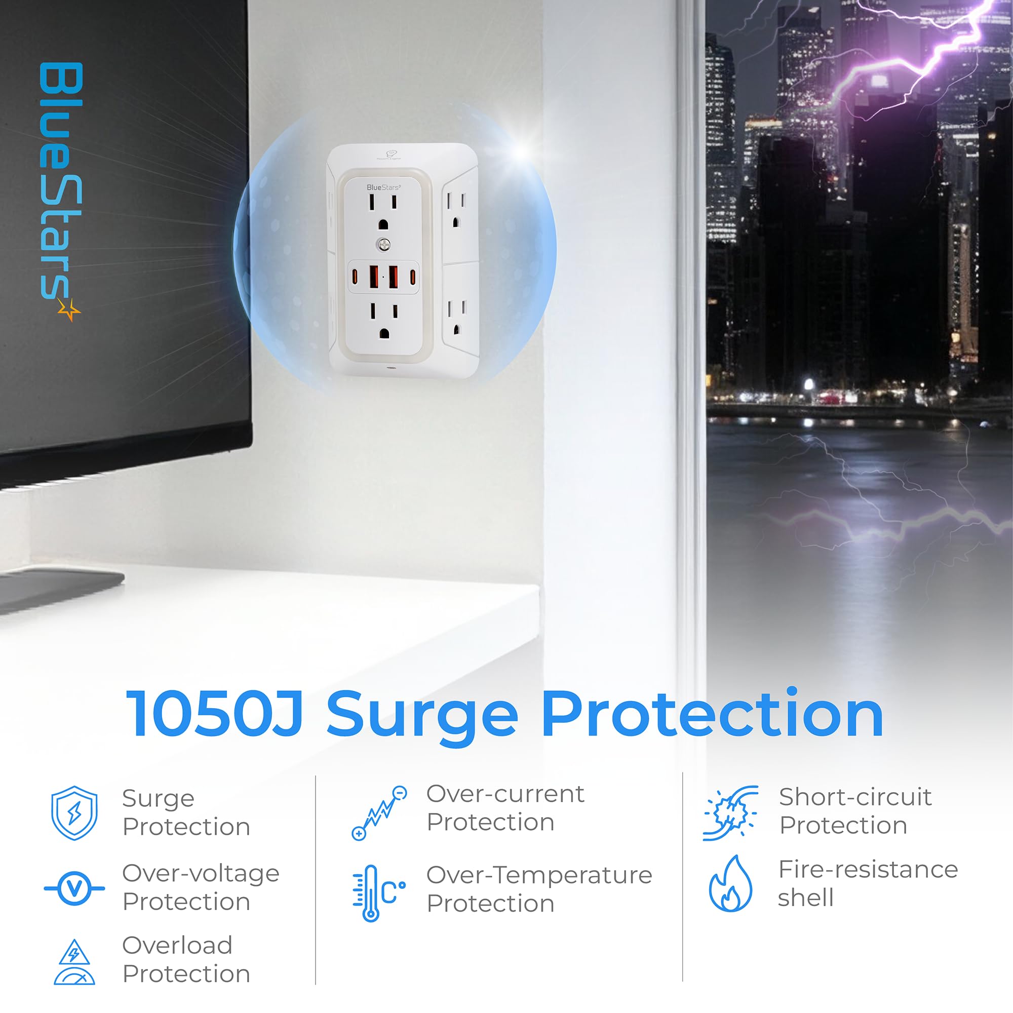 Cargador de pared USB con protector de sobretensiones de enchufe múltiple con 4 puertos USB y luz nocturna tira de alimentación de 3 lados con adaptador de tomas espaciadas