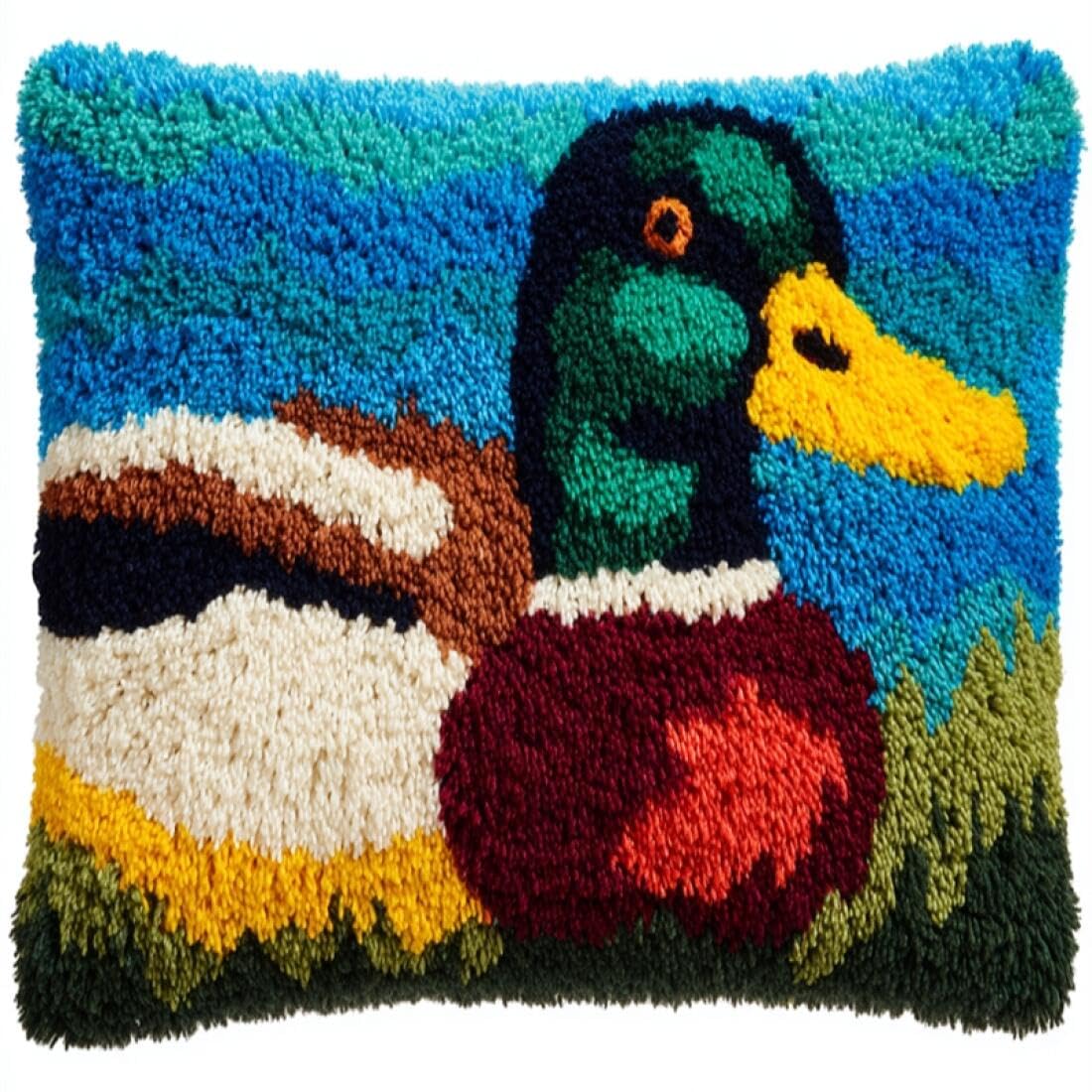 Kitquiver Animal Latch Hook Cushion Kits Cartoon Duck DIY Tapestry Throw Pillow Cover Needlepoint Cushion Kits for Home Décor Needlework Kit for Beginners 17x17In