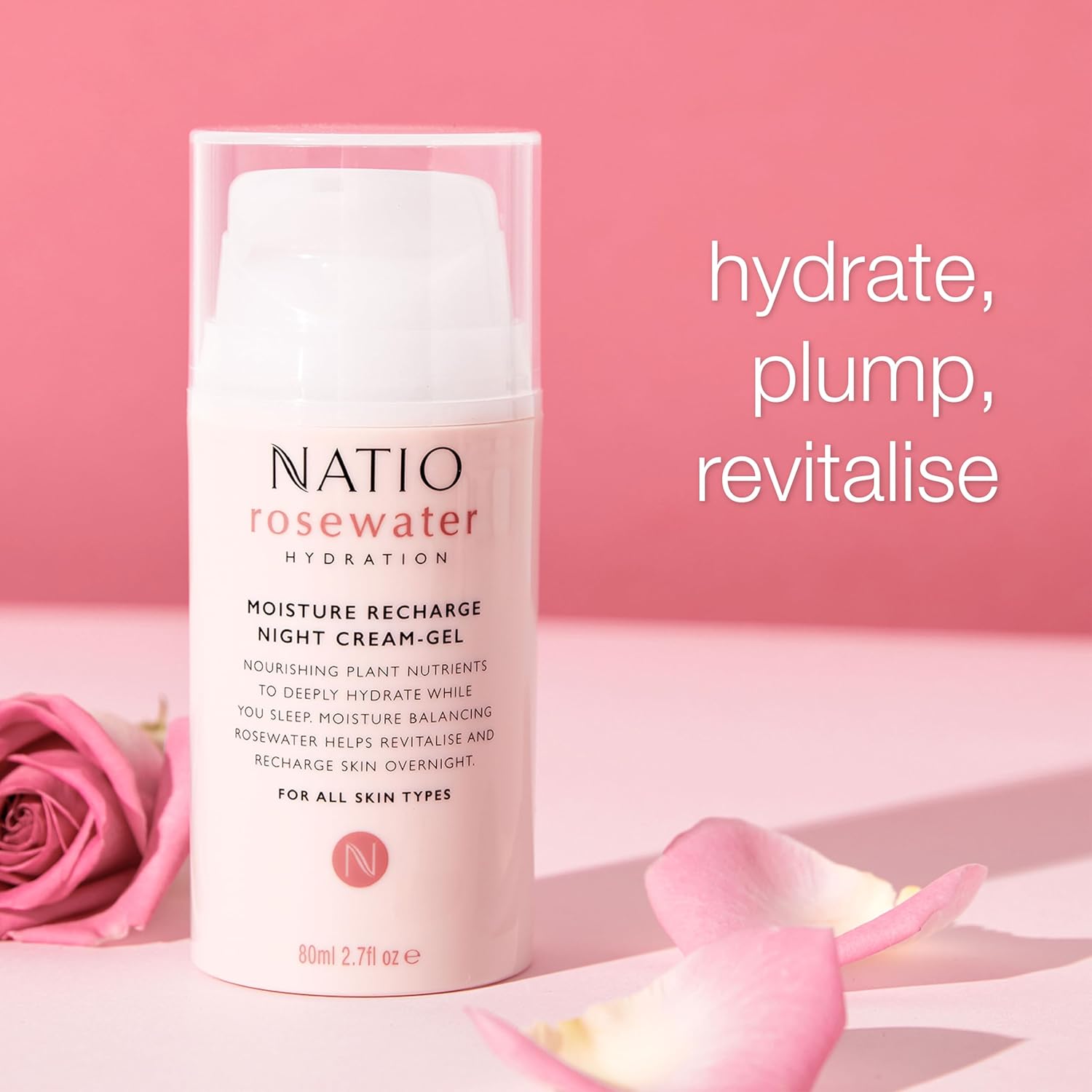 Natio Australia Rosewater Hydration Moisture Recharge Night Cream-Gel, 2.7 oz - Face Moisturizer with Shea Butter - Face Cream for All Skin Types
