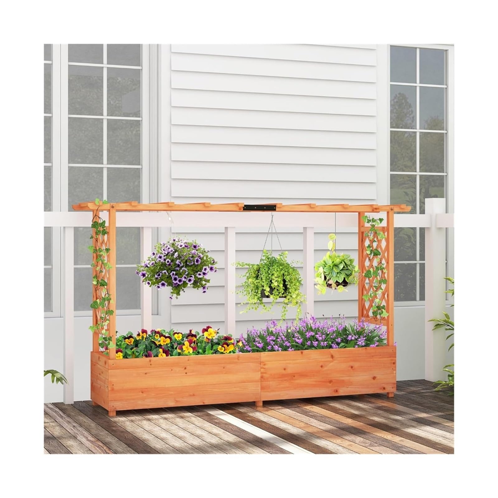 zhangrui1888 Plant Stand Wood Elevated Garden Bed with Hanging Roof, Planter Box, Drainage Holes for Climbing Plants, Flowers, Raised Flowerpot Indoor Plant Shelf