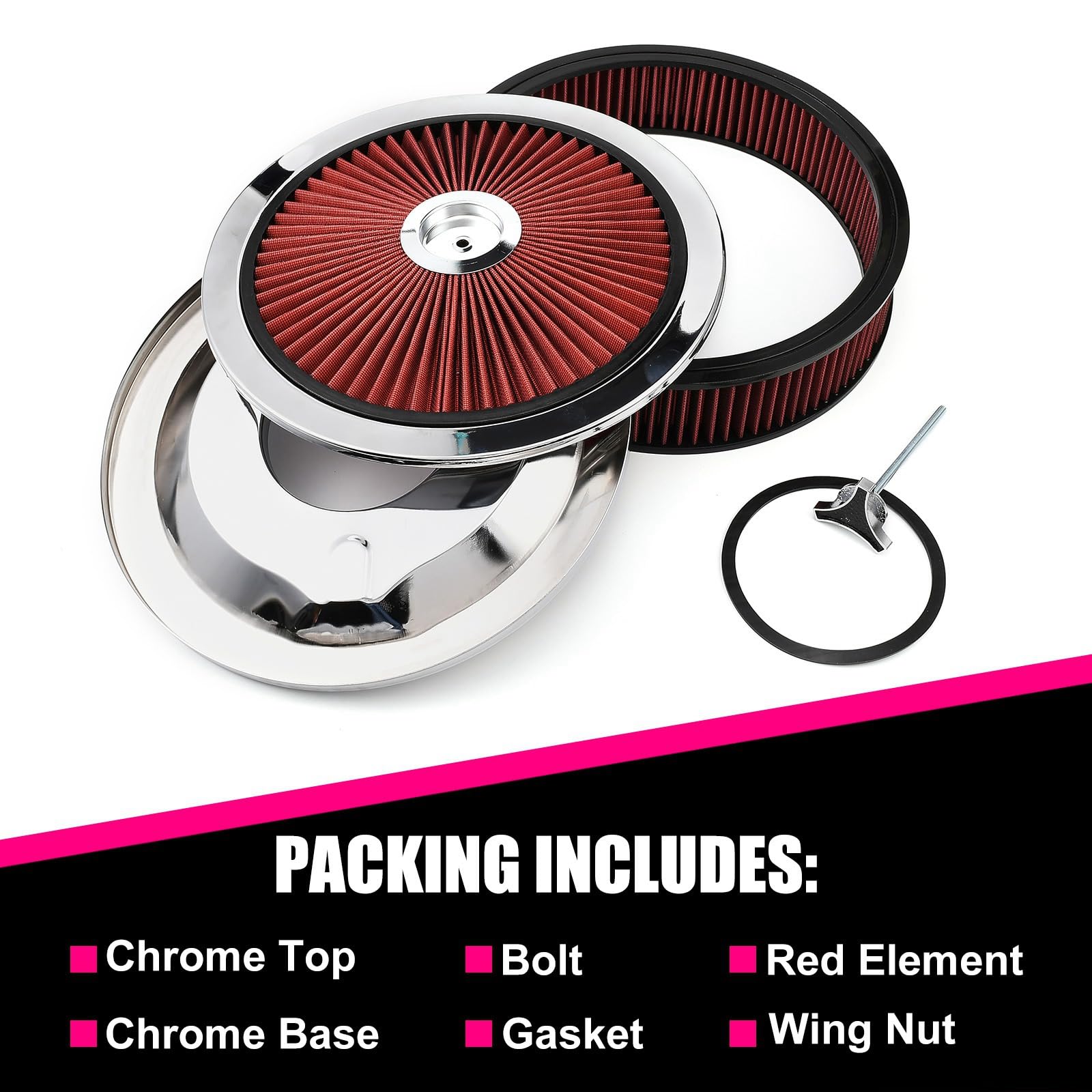 XhuangTech Filtro de admisión de aire redondo de 14 x 3 pulgadas, kit de montaje de filtro de aire de aluminio de alto flujo, rendimiento reutilizable, filtro lavable para motor de automóvil con tapa