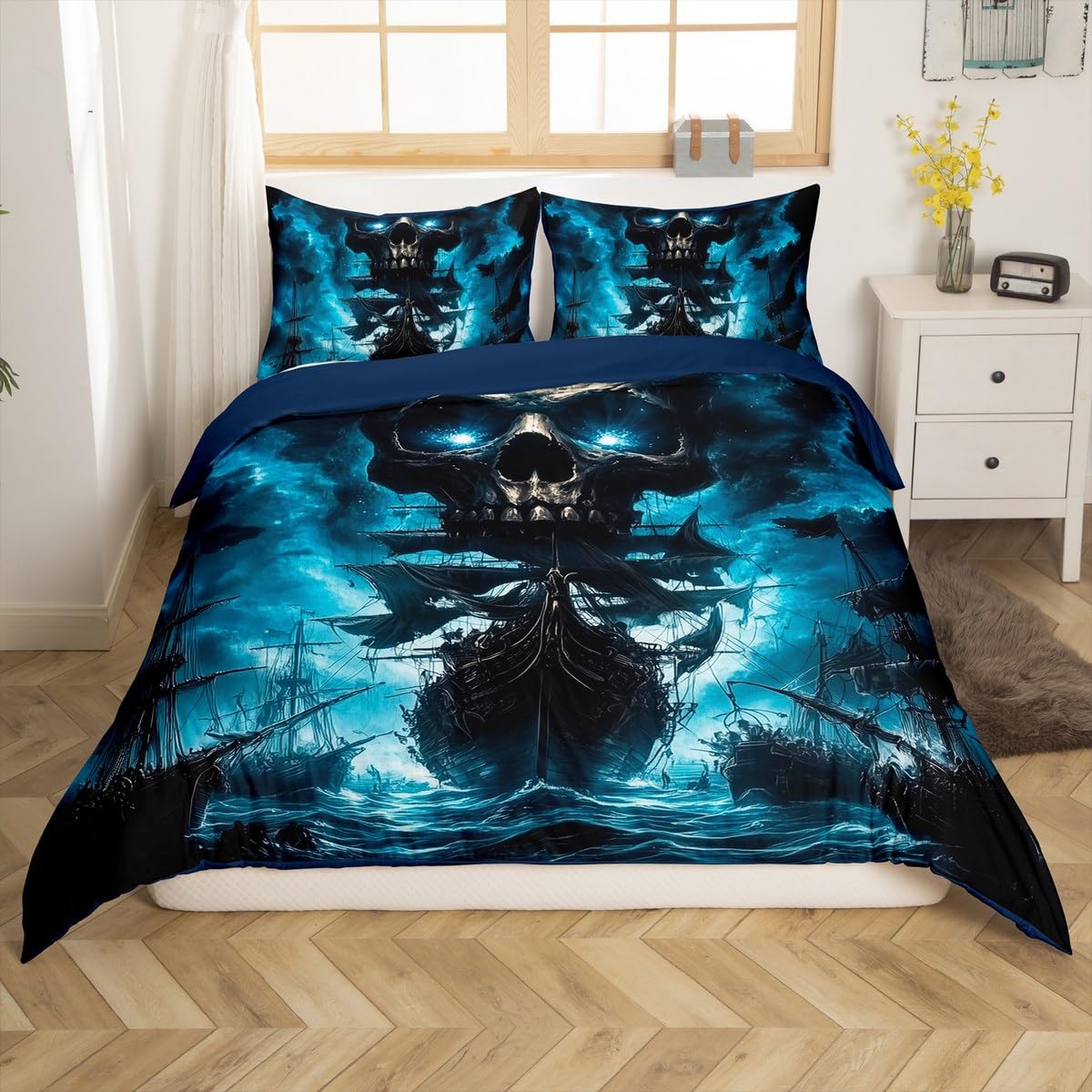 Pirate Ship Duvet Cover Toddler Size,Nautical Adventure Comforter Cover with 1 Pillowcase,Captain Skull Ocean Themed Bedding Set 2pcs for Kids,Navy Blue Sky Tie Dyed Quilt Cover,Not Comforter