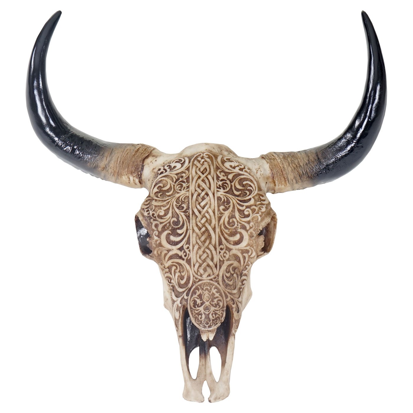 Mendler Deko Schädel 65cm HWC-T454, Polyresin Stier Bulle Longhorn Kopf Trophäe mit Tribal, In-/Outdoor