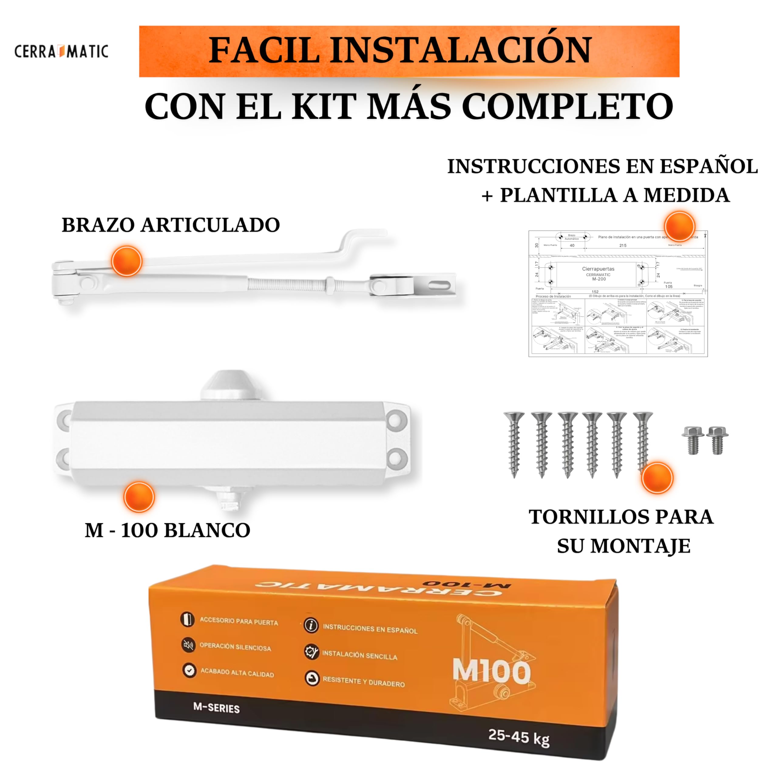 M-100, Cierrapuertas automatico, muelle puerta con brazo articulado hidráulico, muelle cierrapuertas de 25-40kg, cierre puerta, cierra puertas automatica.