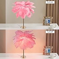 Vista 5 de Lámpara de mesa de plumas de avestruz con cable enchufable, moderna lámpara de plumas de 5 luces, cuerpo de lámpara dorado para dormitorio, mesita