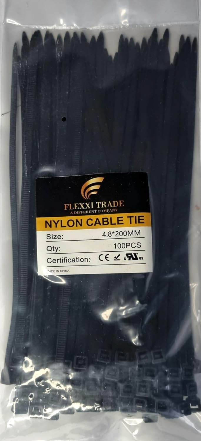 Cable Ties Black 200mm x 4.8mm Pack of 100 UV Resistant High Tensile Strength Cable Ties