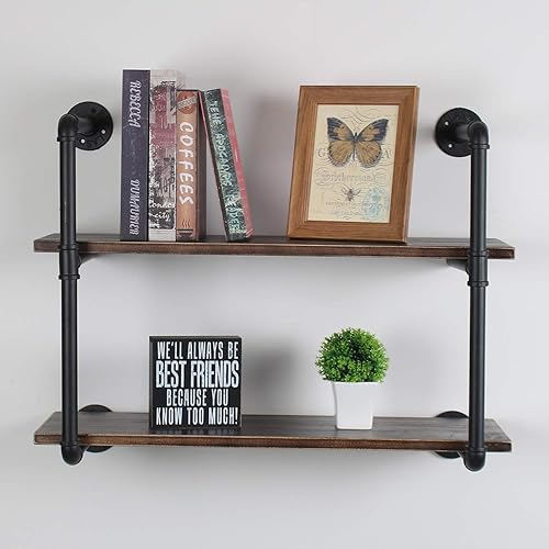 Miniatura 6 de Estante de pared de tubo industrial, estantería de montaje en pared de 2 niveles, estante rústico de montaje en pared de 30 pulgadas, estantes