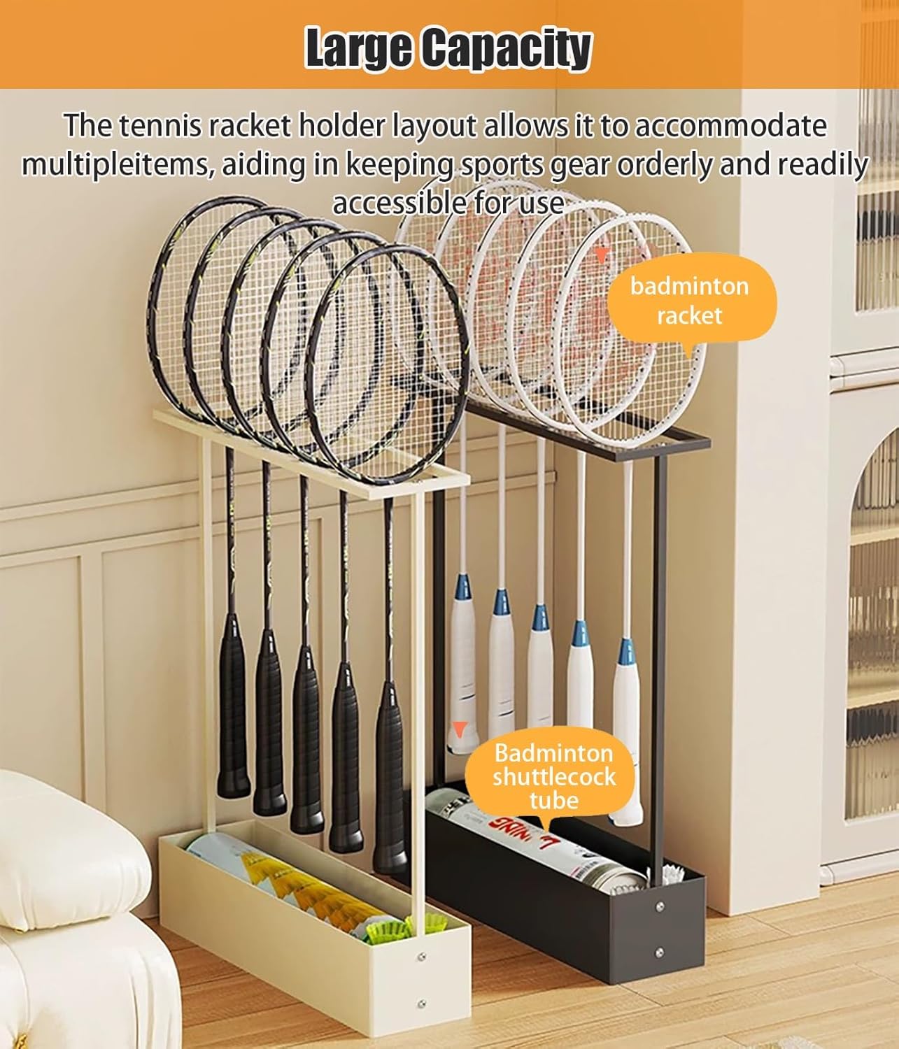 Sport Equipment Organizer- Gym Tennis Racket Storage Rack, Freestanding Tennis Racket Holder Badminton Storage Organizer, for Training Ground Club