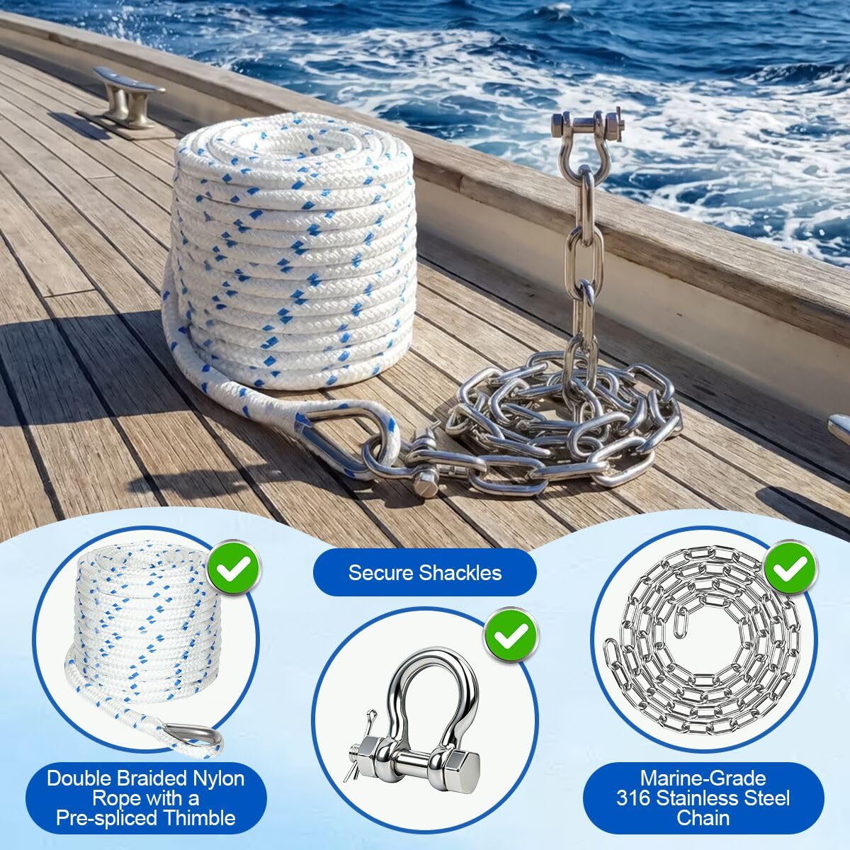 Kit di corda e catena di ancoraggio per barca, linea di ancoraggio 3/8" x 100', catena in acciaio inossidabile 316 3/16 "x 6", ditale impiombato e grilli, corda di ancoraggio resistente per