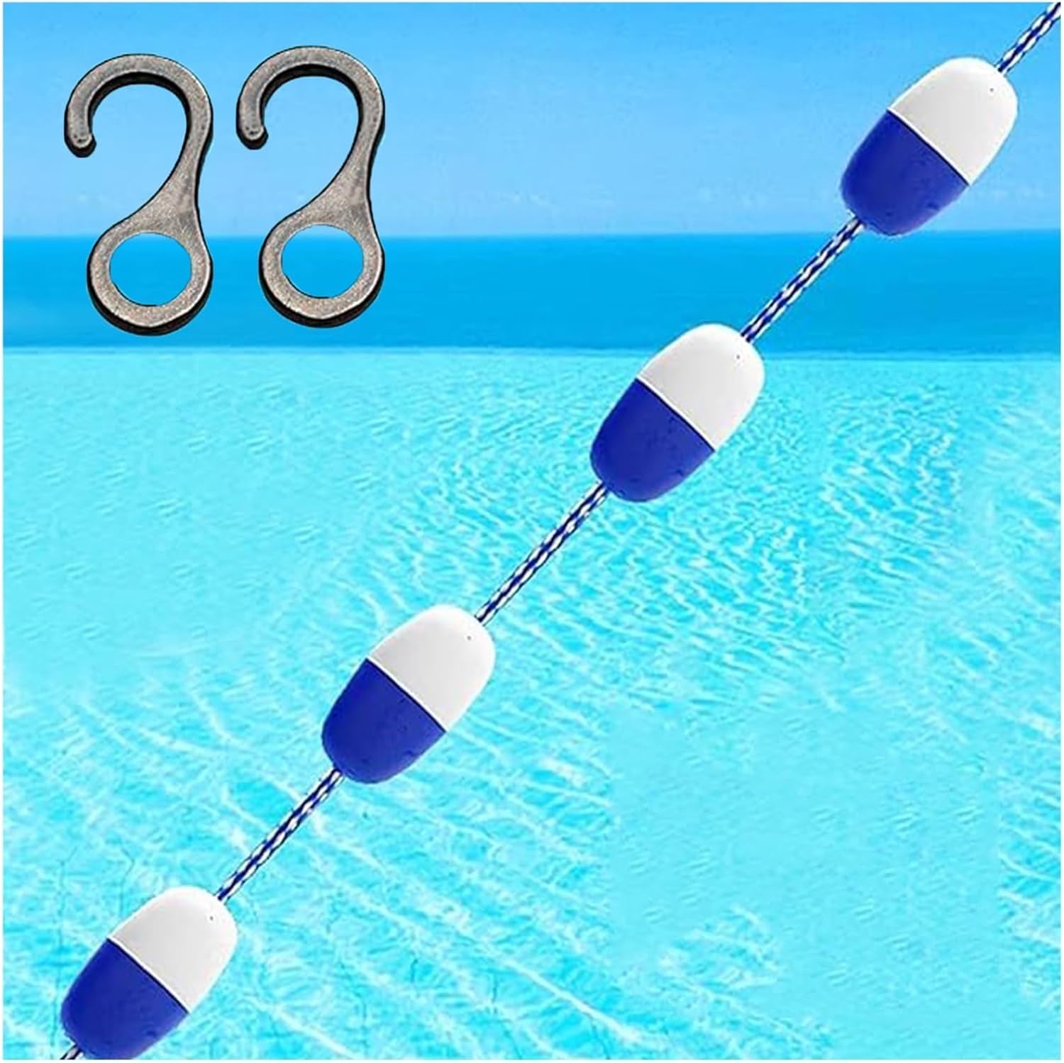 JKJZSALJ Pool Safety Hook Pool Lane Dividers, Floating Safety Rope With 2 Hooks, Reusable Divider Floating Fence For Swimming Pools Waterways Shallow Waters,Blue+white,9m/29.5ft