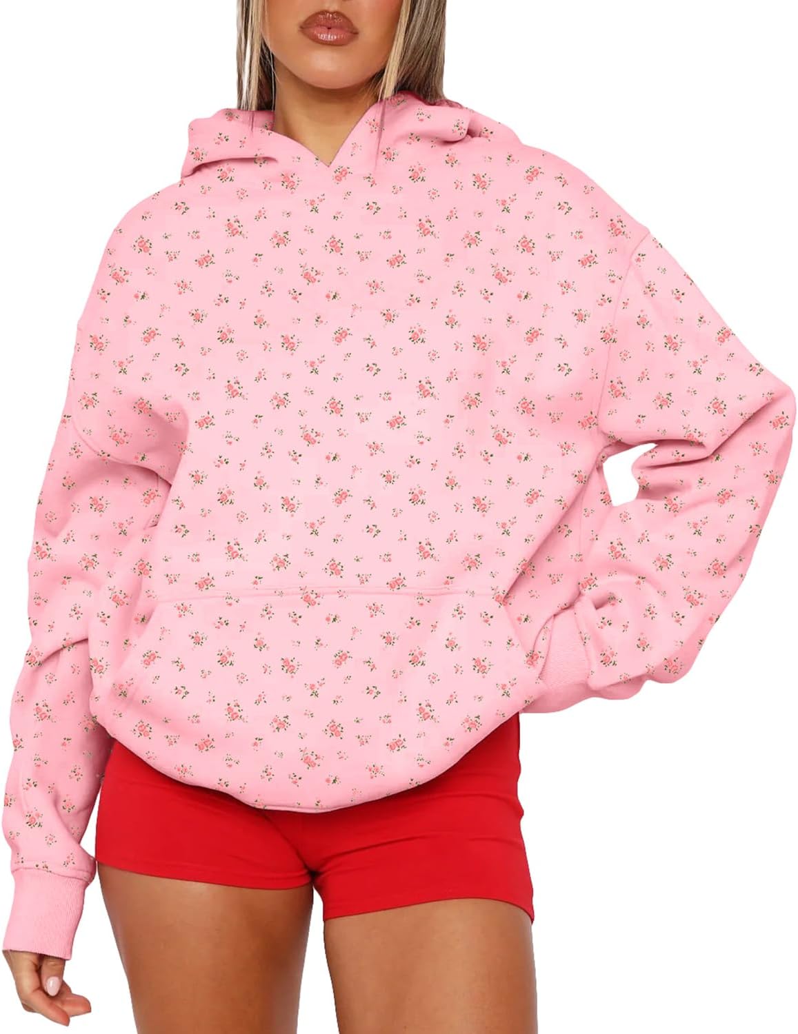 Cioatin Women Oversized Ditsy Floral Y2K Aesthetic Hoodies Lightweight Fleece Sweatshirt Drop Shoulder Pullover Fall Outfits