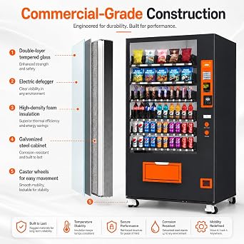 60 Slot Vending Machines for Business, Refrigerated Snack Drink Vending Machine, Commercial Smart Combo Vending Machine with Bill and Coin, Card Reader