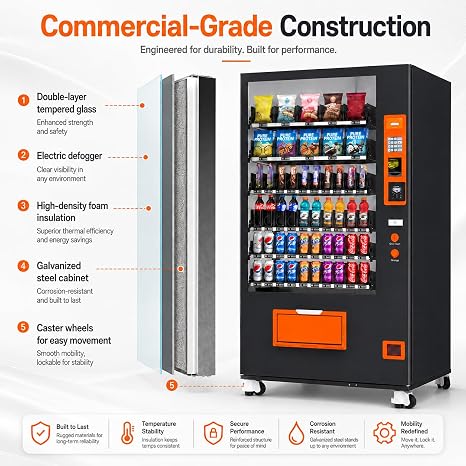 60 Slot Vending Machines for Business, Refrigerated Snack Drink Vending Machine, Commercial Smart Combo Vending Machine with Bill and Coin, Card Reader