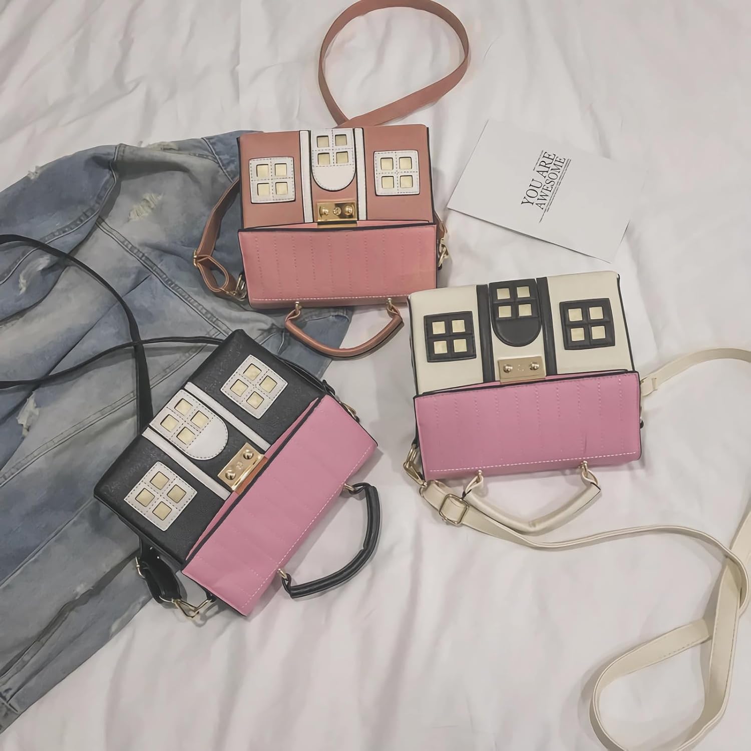 Pink House Shaped Faux Leather Crossbody Shoulder Bag