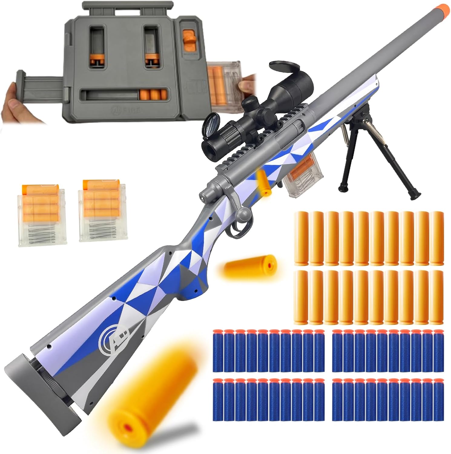 AGM MASTECH M24 Soft Bullet Toy Gun, Empty Shell Ejecting Design, Enhanced Scope, Fast Dart Loader, 40 Soft Foam Darts, 20 Shells, 2 Magazines. Blasting Toy Foam Blaster for Boys and Girls.(Blue) PS-021-D