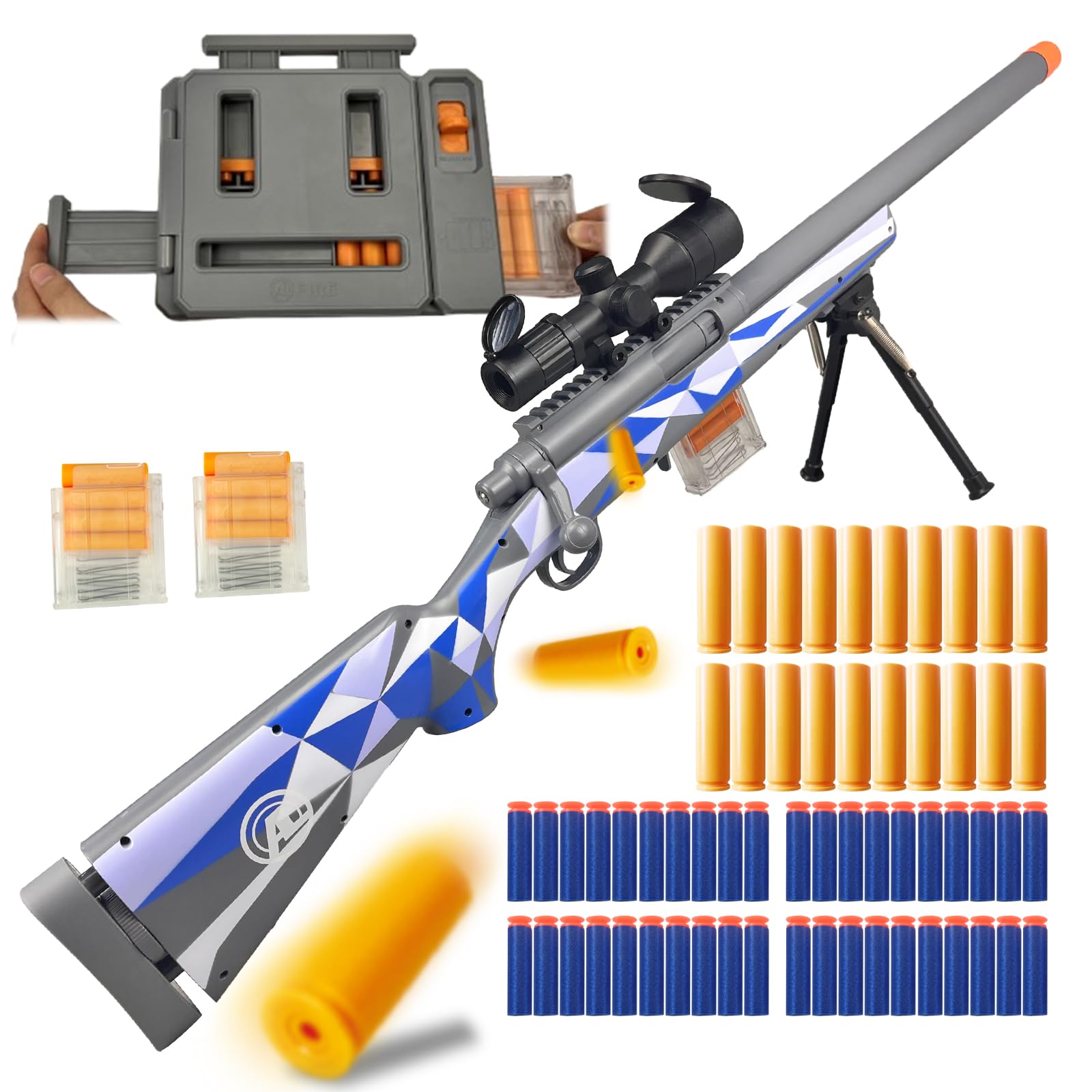 AGM MASTECH M24 Soft Bullet Toy Gun, Empty Shell Ejecting Design, Enhanced Scope, Fast Dart Loader, 40 Soft Foam Darts, 20 Shells, 2 Magazines. Blasting Toy Foam Blaster for Boys and Girls.(Blue)