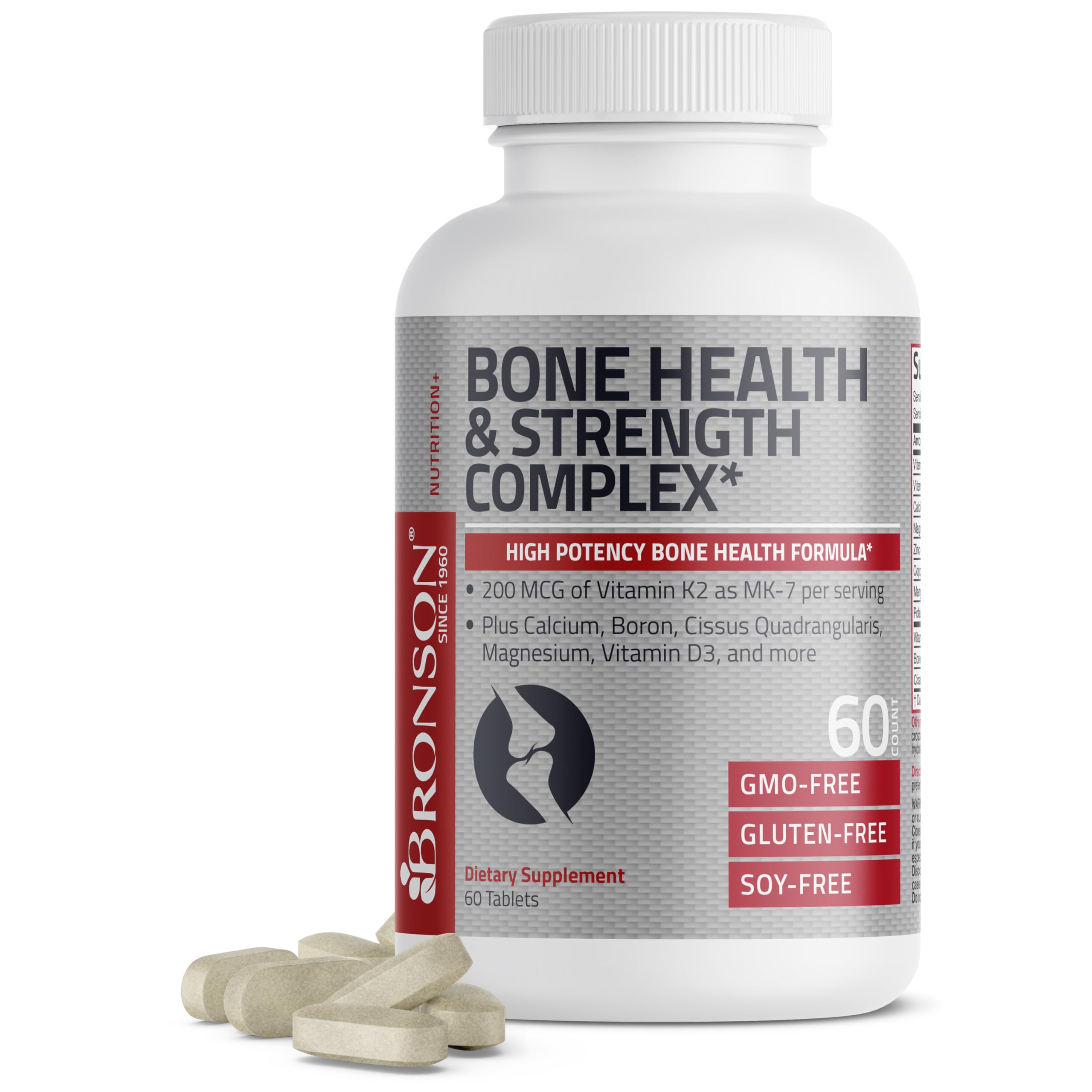Bronson Bone Health & Strength Complex* High Potency Formula 200 MCG of Vitamin K2 as MK7, Plus Calcium, Boron, Cissus Quadrangularis, Magnesium, Vitamin D3, and More - Non-GMO, 60 Tablets