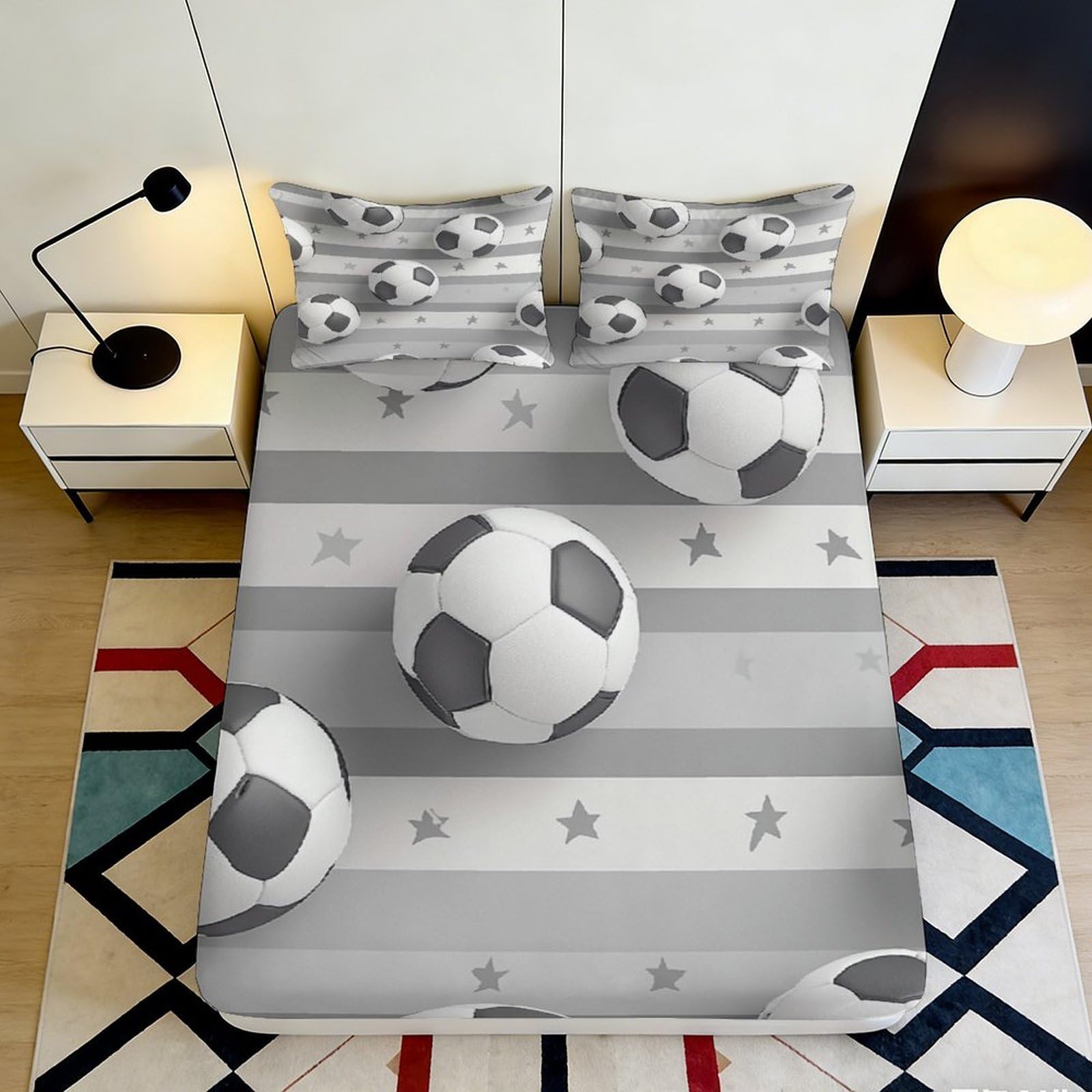Uxinyoume Style-4 3D Printed Soccer Ball Fitted Sheet Microfiber Grey Stripe Bed Cover For Bedroom Guest Room Mattress Protection Decor 90X200x25cm