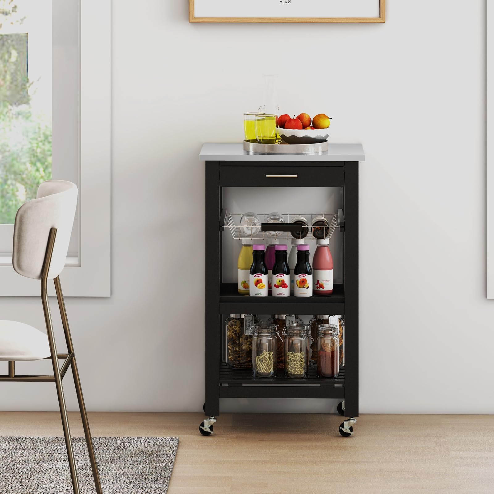 COSTWAY Kleiner Küchenwagen, Servierwagen auf Rollen, Küchenregal mit Arbeitsplatte aus Edelstahl, Schublade & Korb, Rollwagen Küche, Kücheninsel Küchentrolley, 47 x 39 x 85 cm (Schwarz)
