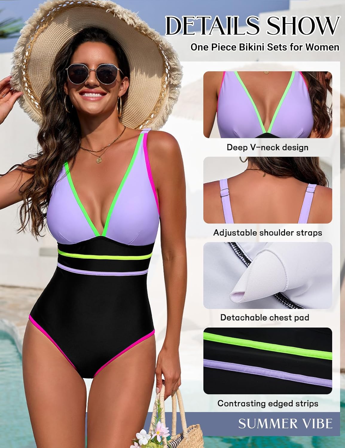 UMIPUBO Women's One Piece Swimsuit Swimwear Colorblock Tummy Control V-Neck One Piece Bathing Suit for Pool Beach