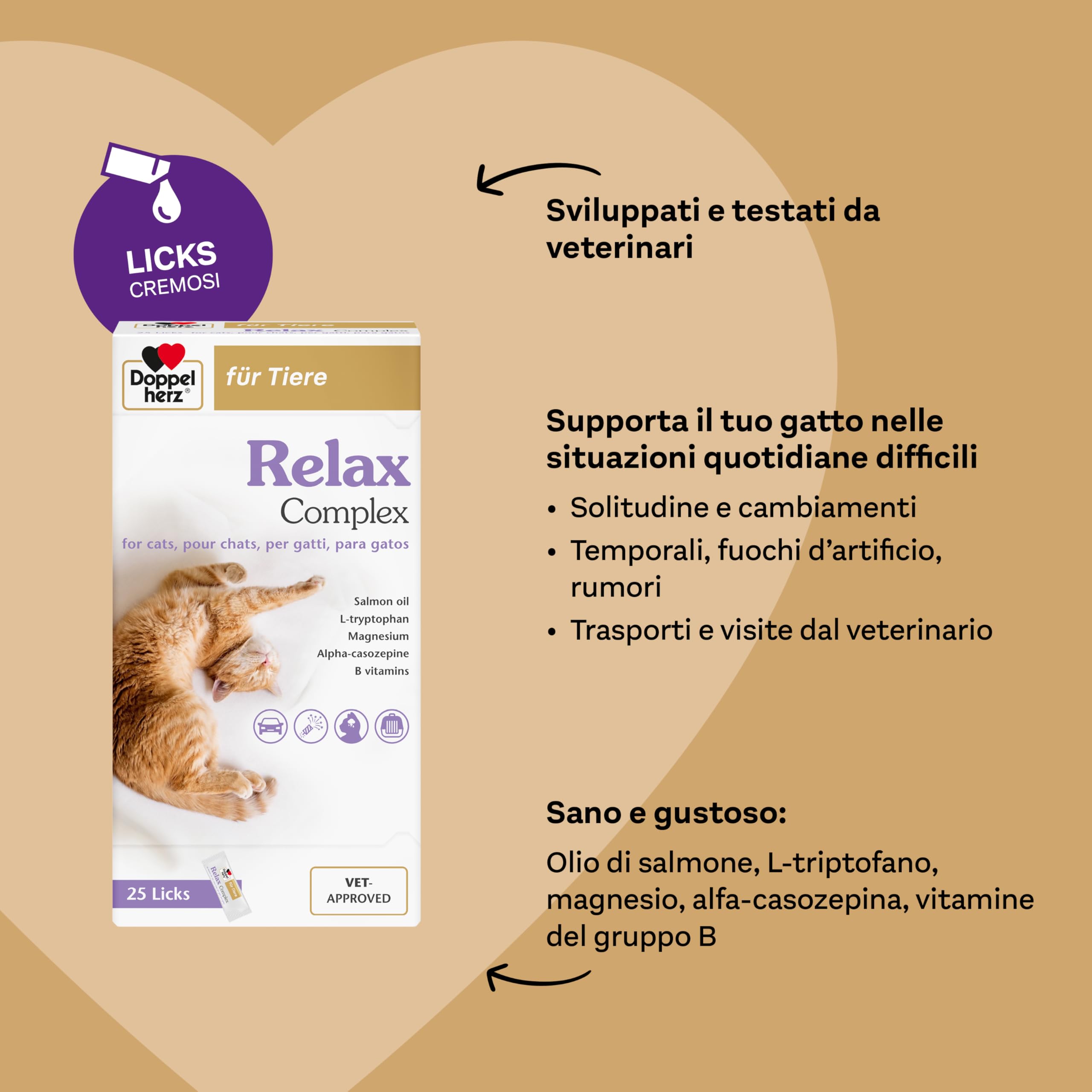 Doppelherz Relax Complex per Gatti – con Alpha-casozepina e L-triptofano – Supporto per il benessere mentale – 25 Licks cremoso