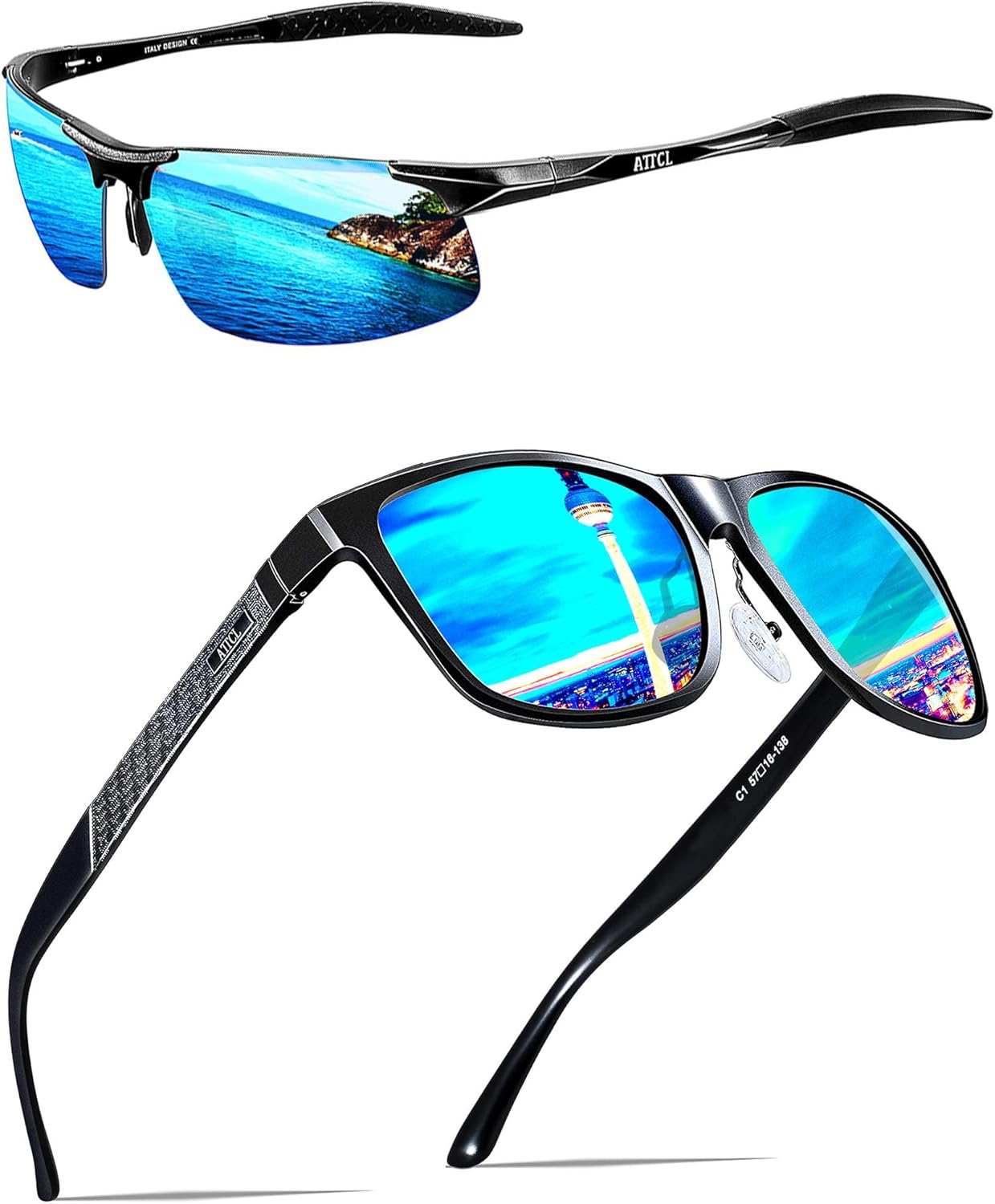 ATTCL Bundles Men's Retro Metal Frame Driving Polarized Sunglasses For Men Sun glasses:(8177-black-blue)+(8587-black-blue)