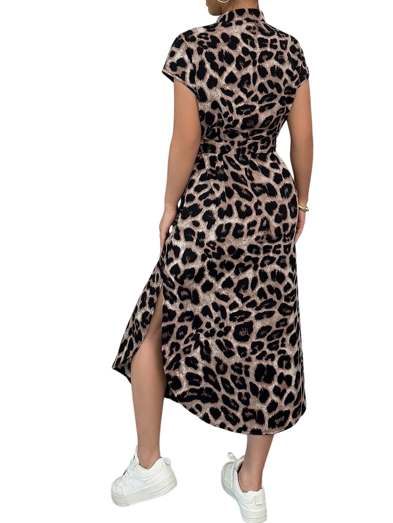 SweatyRocks Blusenkleid Damen Sommer Lang Leo Kleid Maxikleider Sommerkleid Shirtkleid Mit Tasche Business Outfit Leoparden Kleider Mit Knöpfen